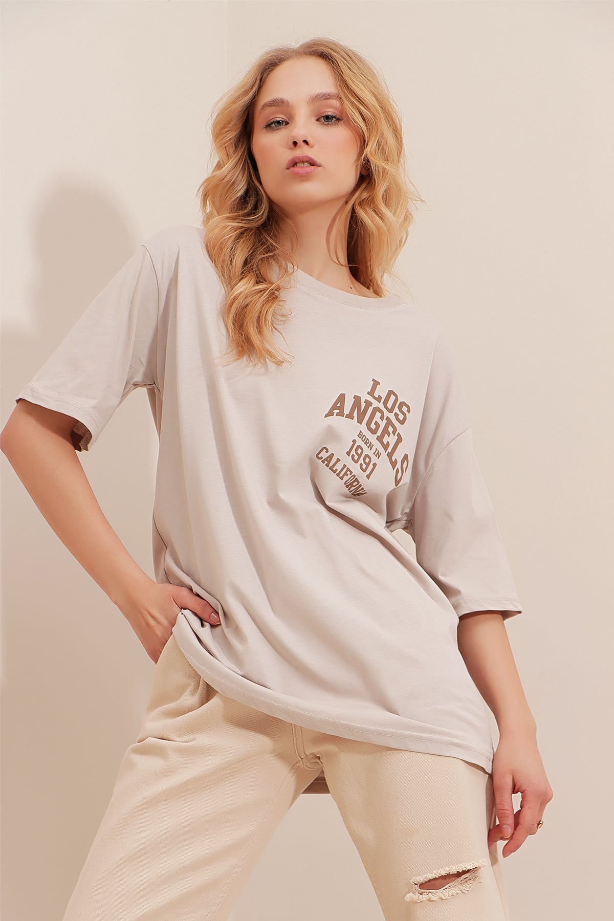 Bisiklet Yaka Baskılı Oversize T-Shirt - Bej