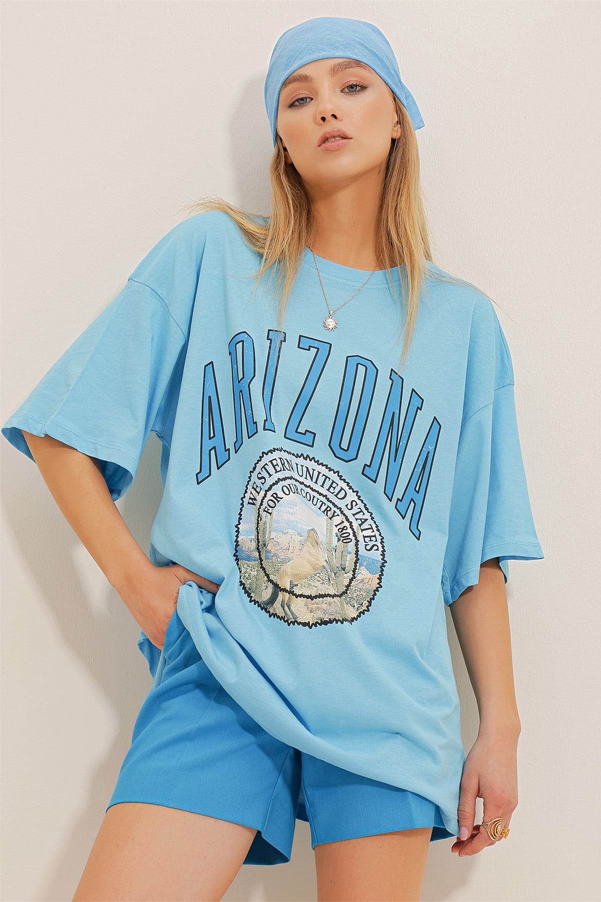 Bisiklet Yaka Baskılı Oversize T-Shirt - Mavi