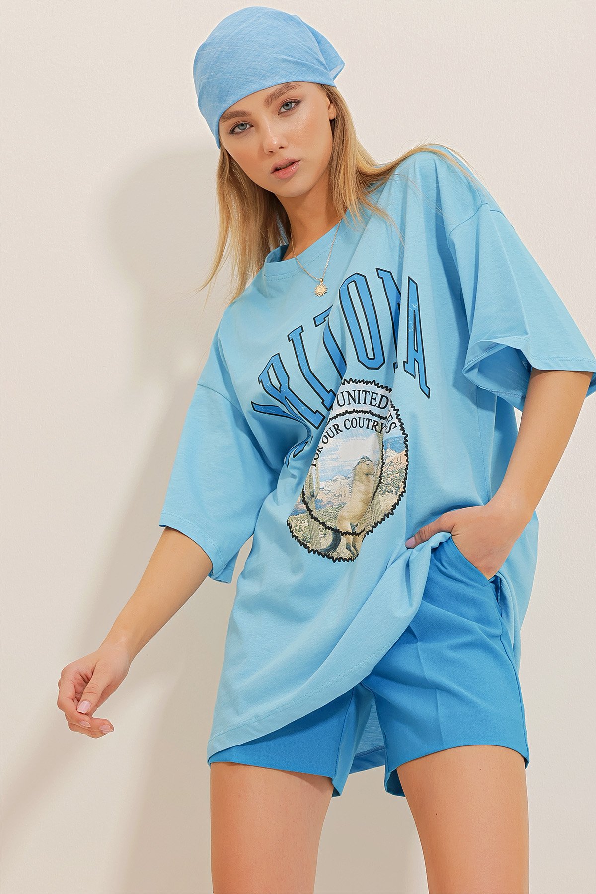 Bisiklet Yaka Baskılı Oversize T-Shirt - Mavi