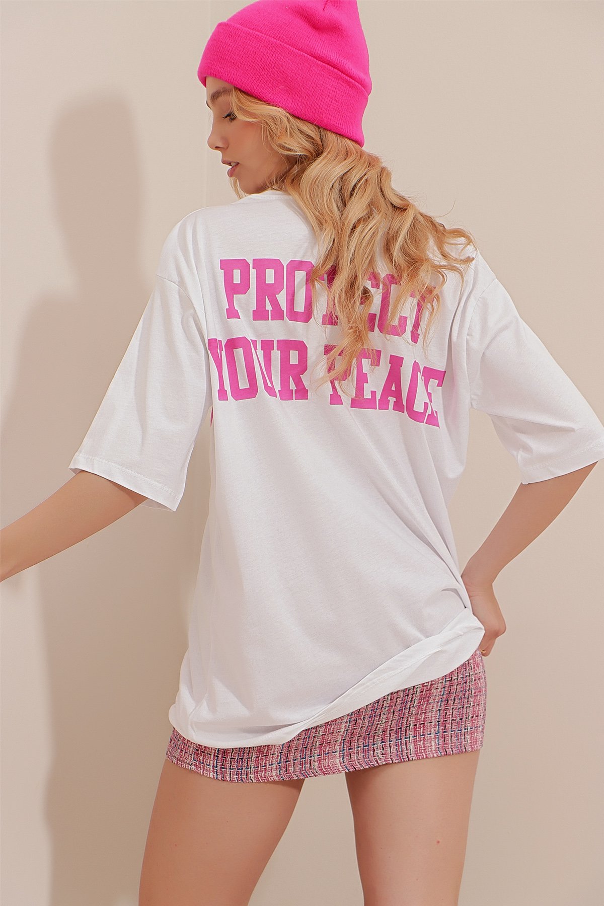 Bisiklet Yaka Baskılı Oversize T-Shirt - Beyaz