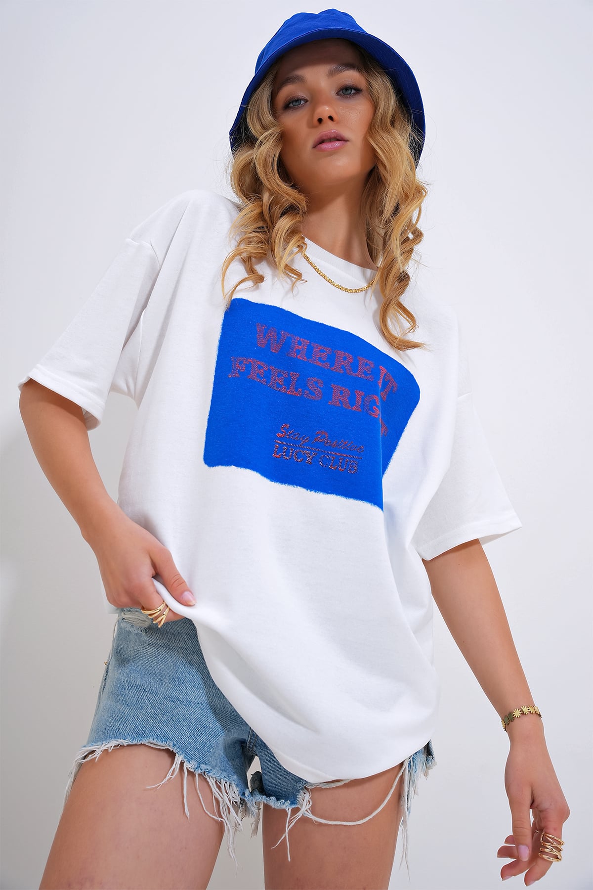 Bisiklet Yaka Baskılı Oversize T-Shirt - Mavi