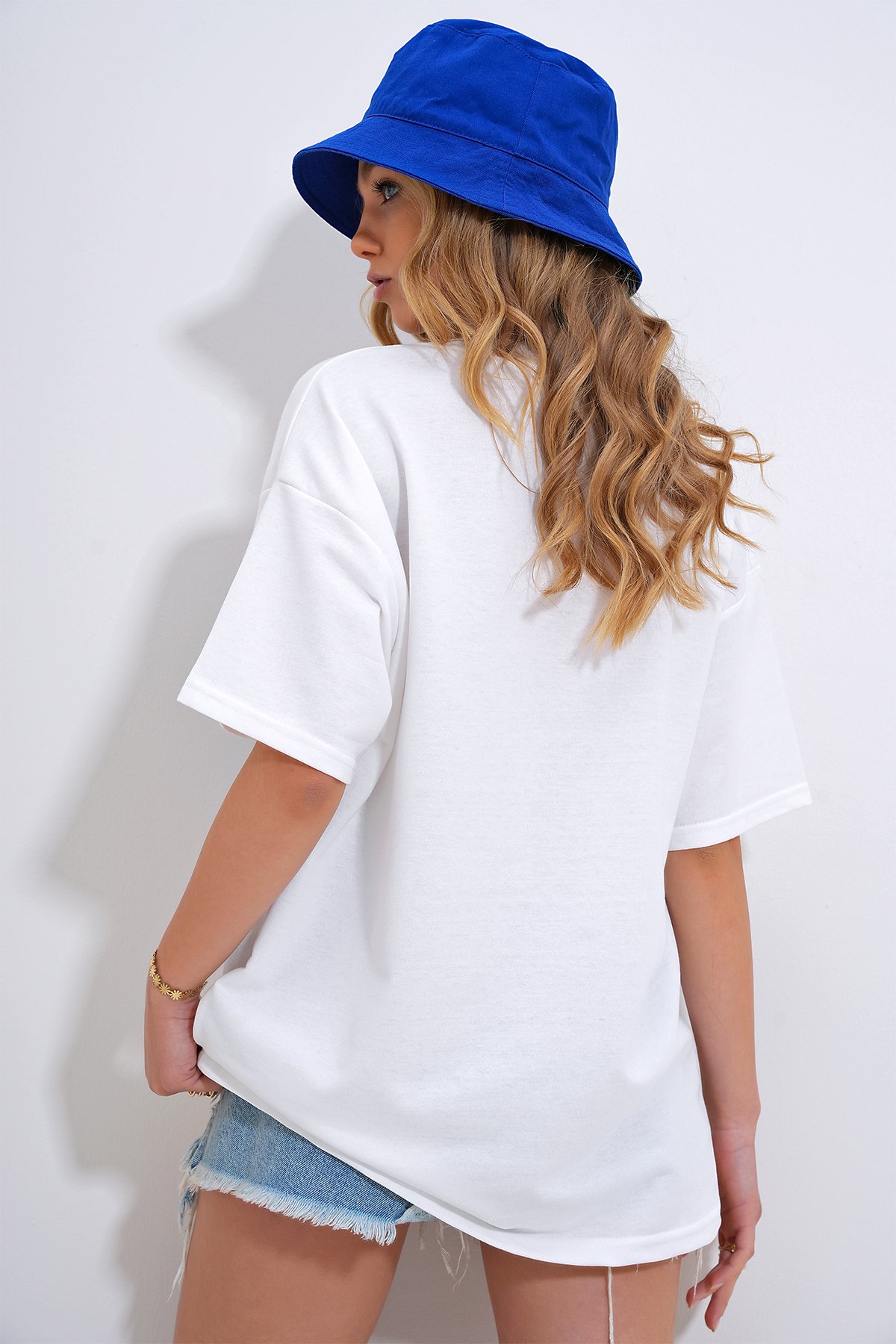 Bisiklet Yaka Baskılı Oversize T-Shirt - Mavi