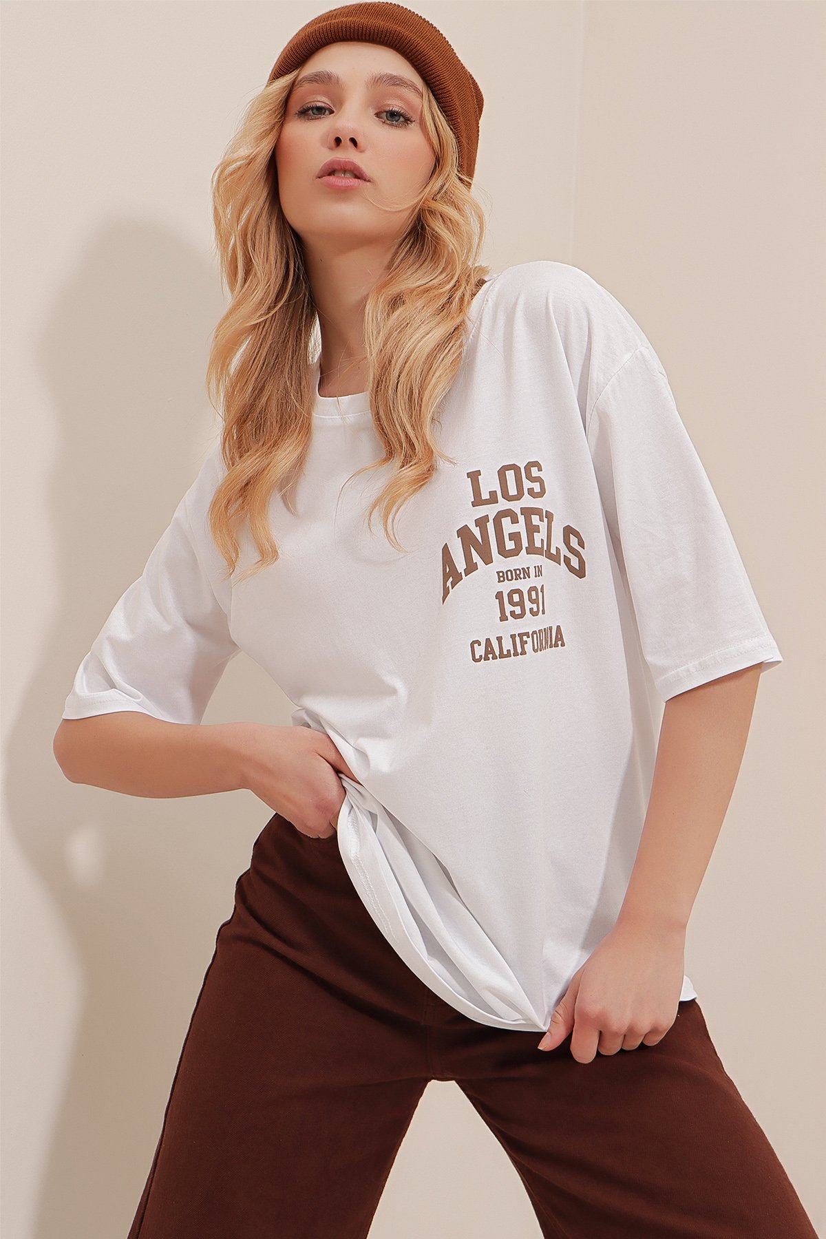 Bisiklet Yaka Baskılı Oversize T-Shirt - Beyaz