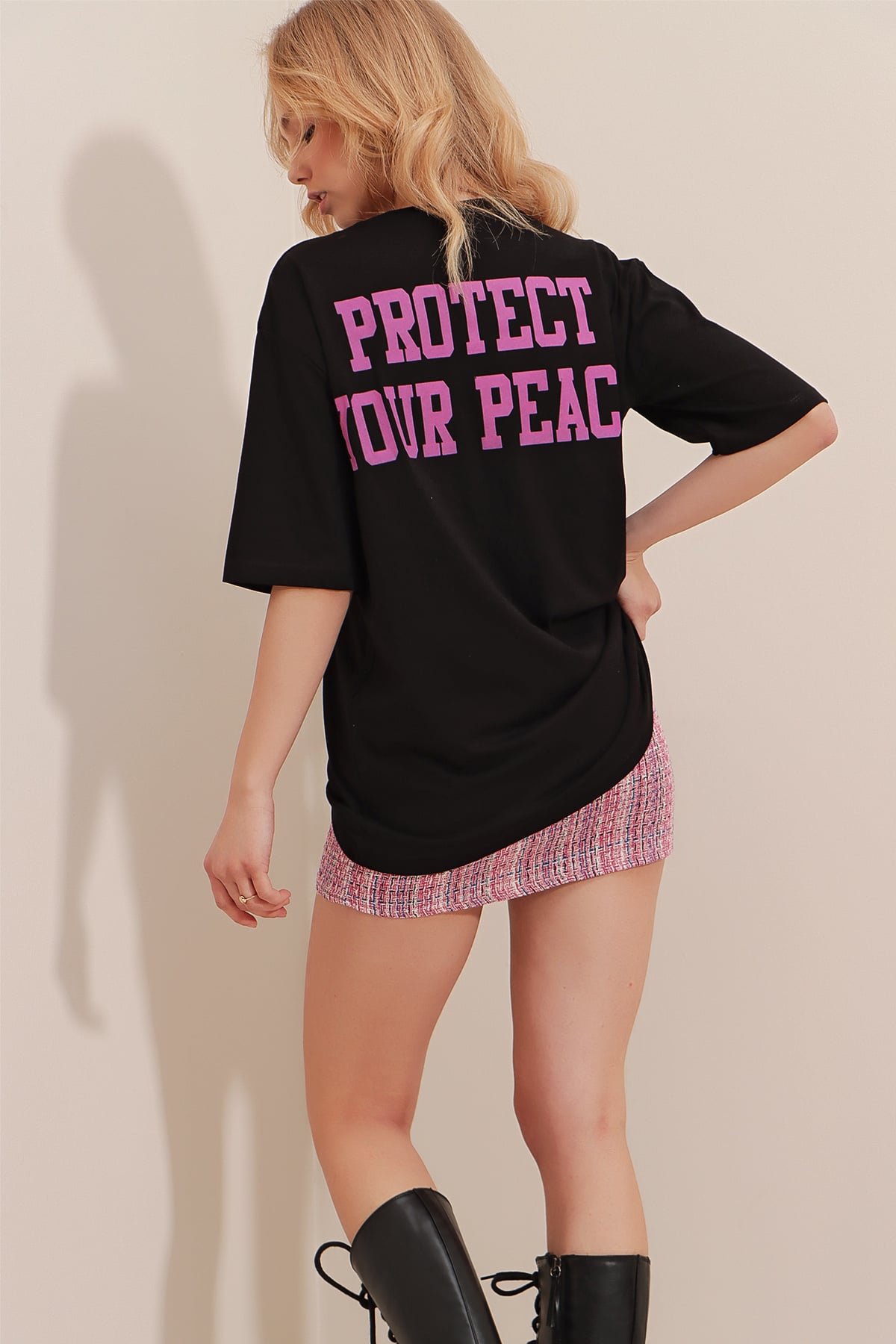Bisiklet Yaka Baskılı Oversize T-Shirt - Siyah