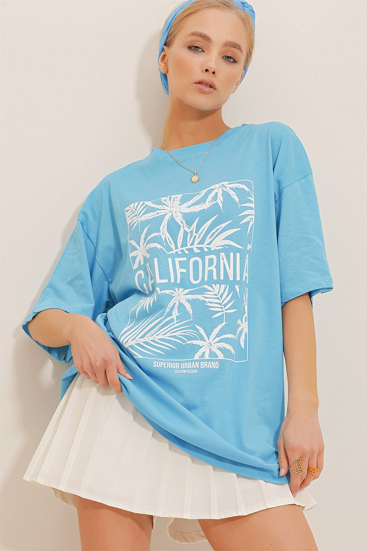 Bisiklet Yaka Baskılı Oversize T-Shirt - Mavi