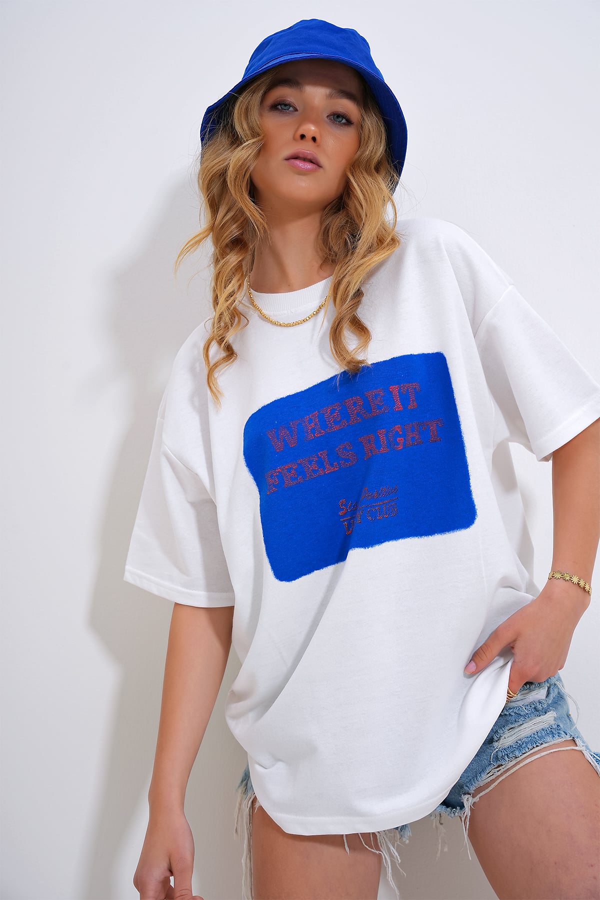 Bisiklet Yaka Baskılı Oversize T-Shirt - Mavi