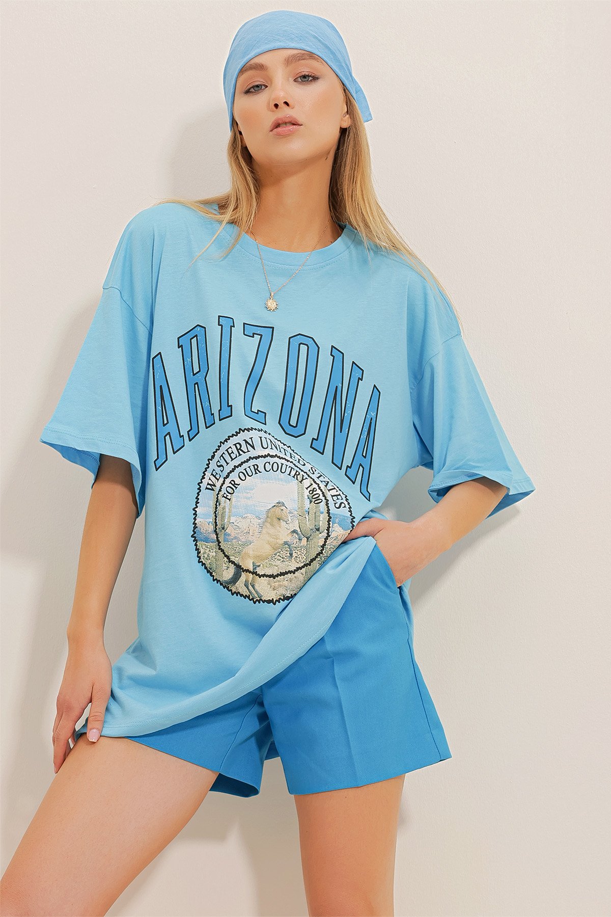 Bisiklet Yaka Baskılı Oversize T-Shirt - Mavi