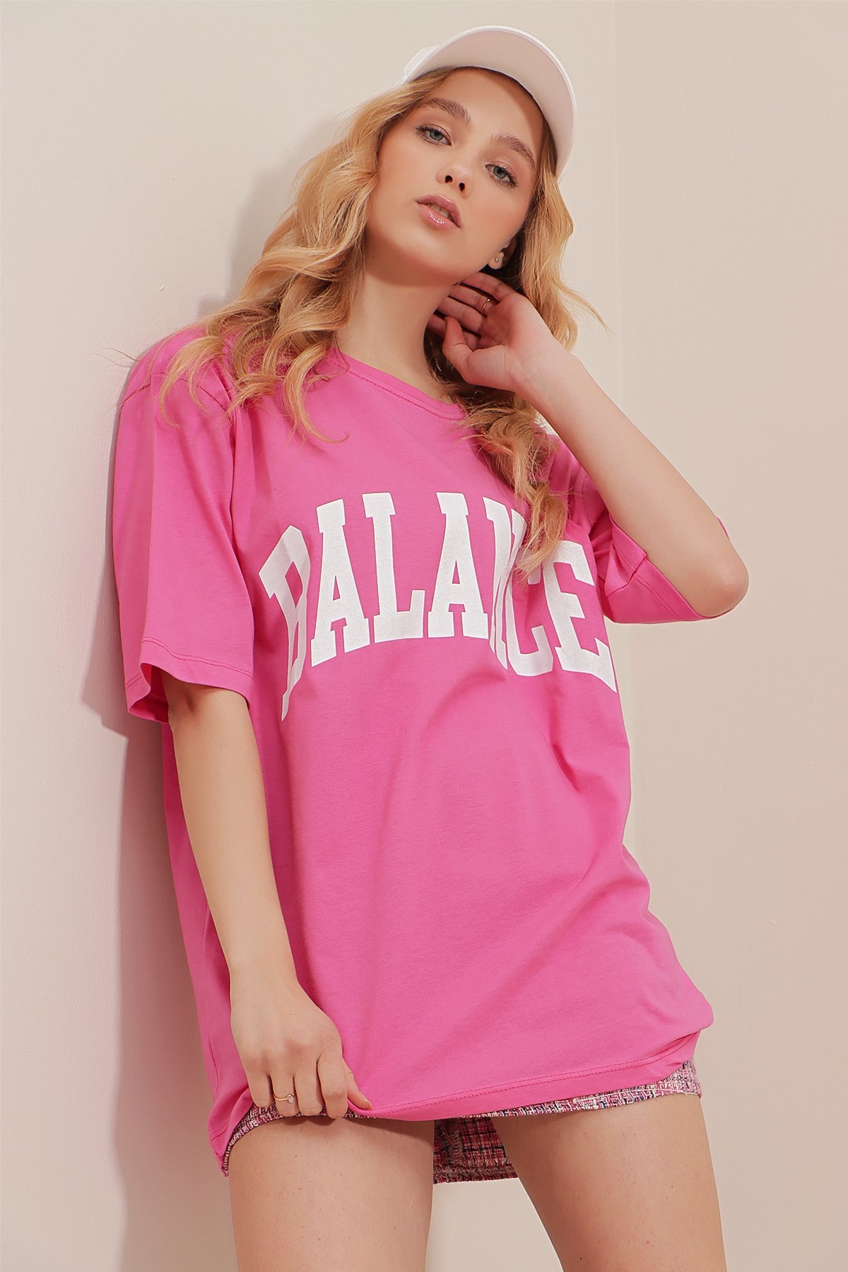 Bisiklet Yaka Baskılı Oversize T-Shirt - Pembe