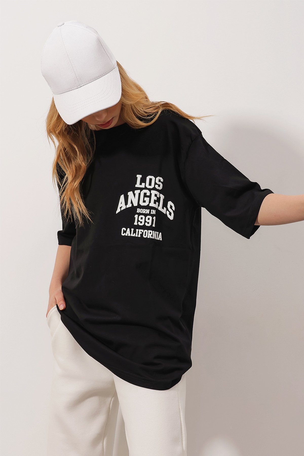 Bisiklet Yaka Baskılı Oversize T-Shirt - Siyah