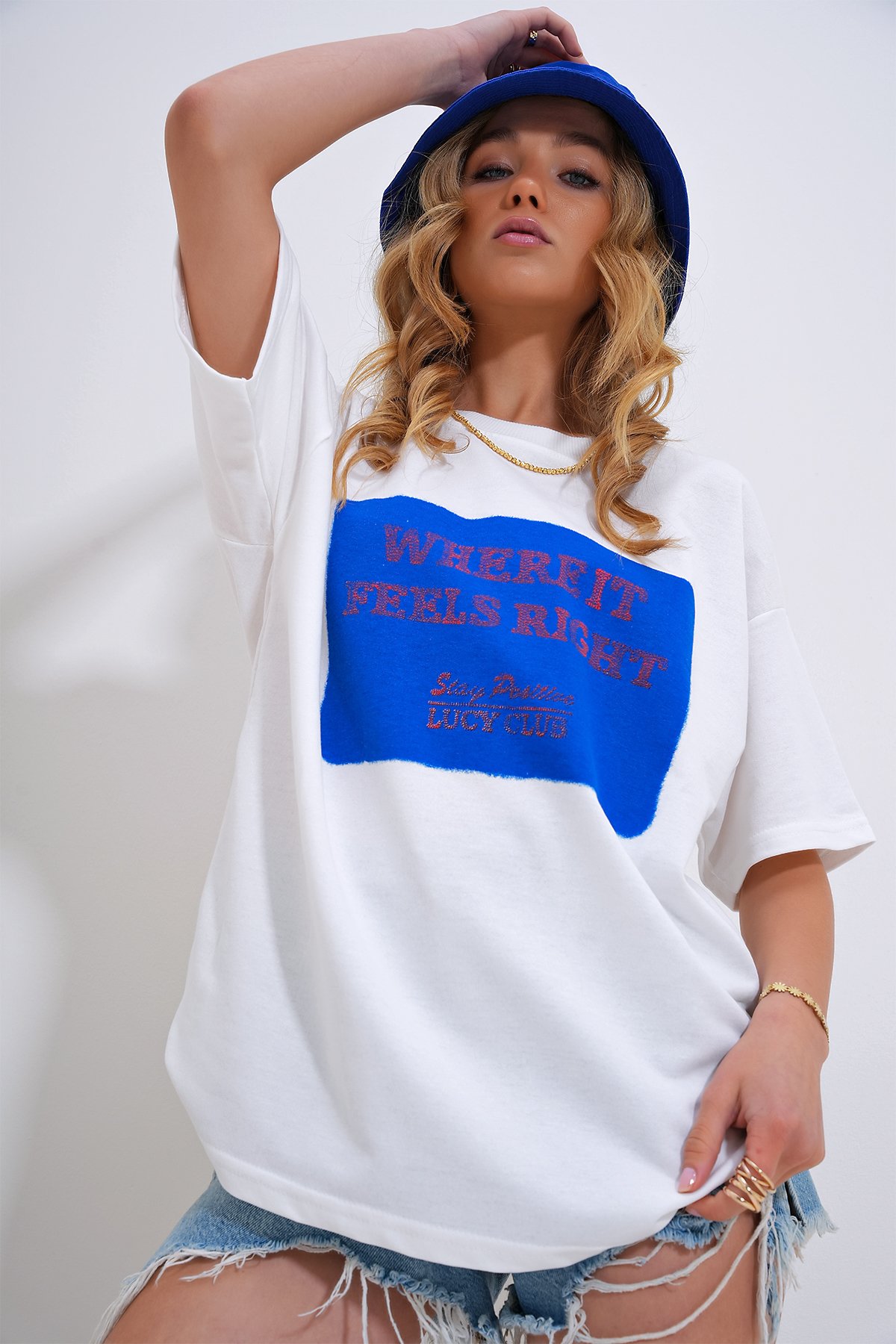 Bisiklet Yaka Baskılı Oversize T-Shirt - Mavi