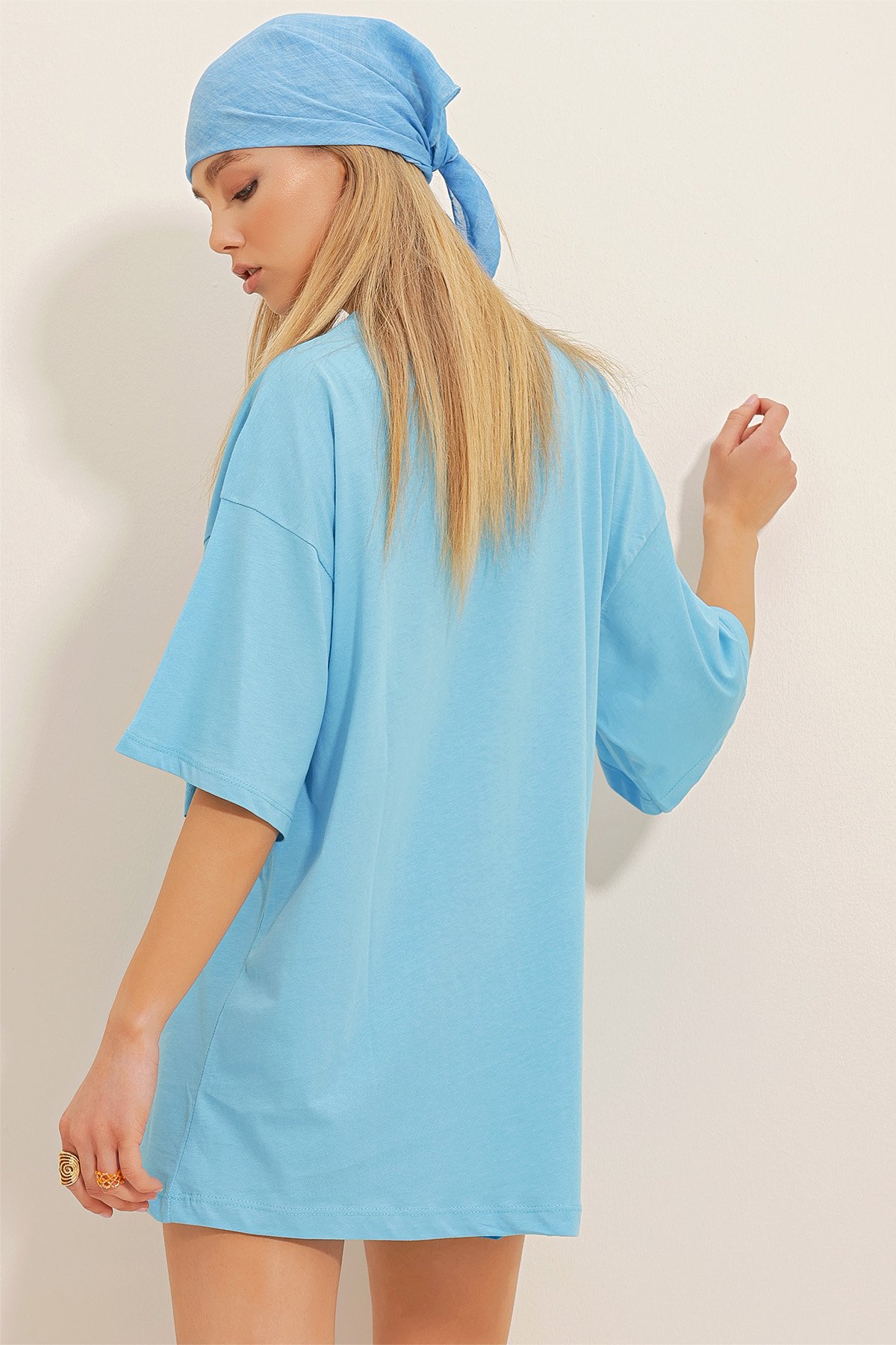 Bisiklet Yaka Baskılı Oversize T-Shirt - Mavi