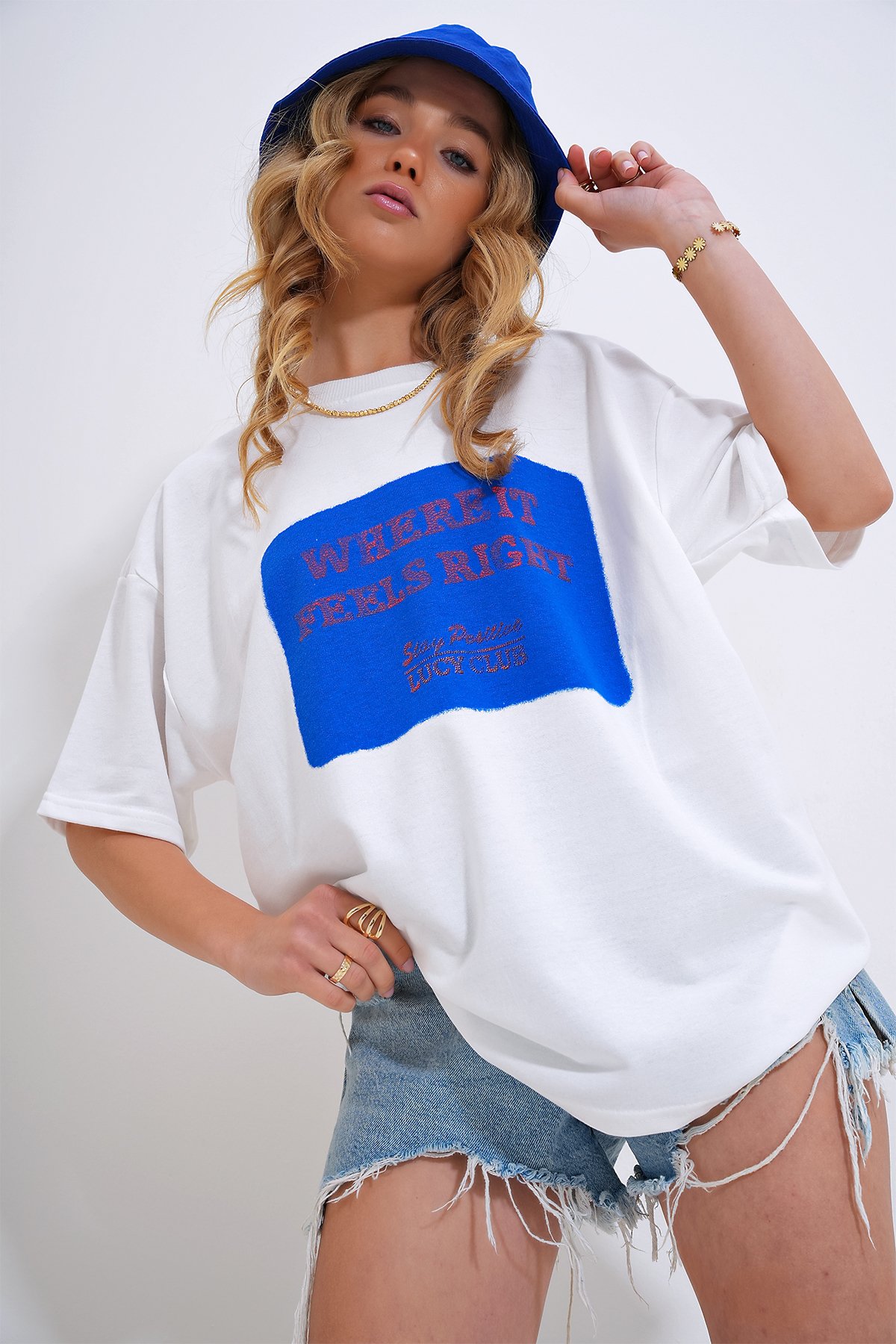Bisiklet Yaka Baskılı Oversize T-Shirt - Mavi