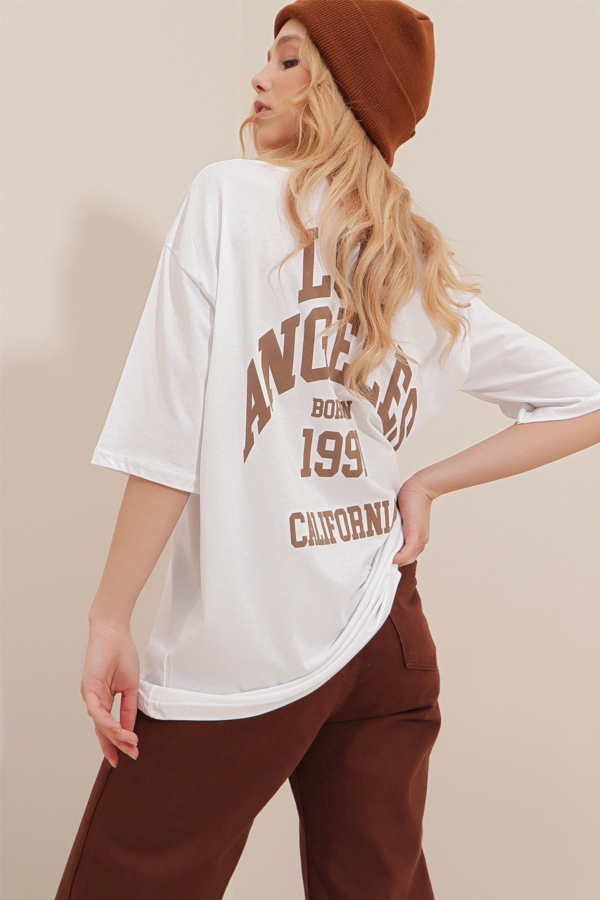 Bisiklet Yaka Baskılı Oversize T-Shirt - Beyaz