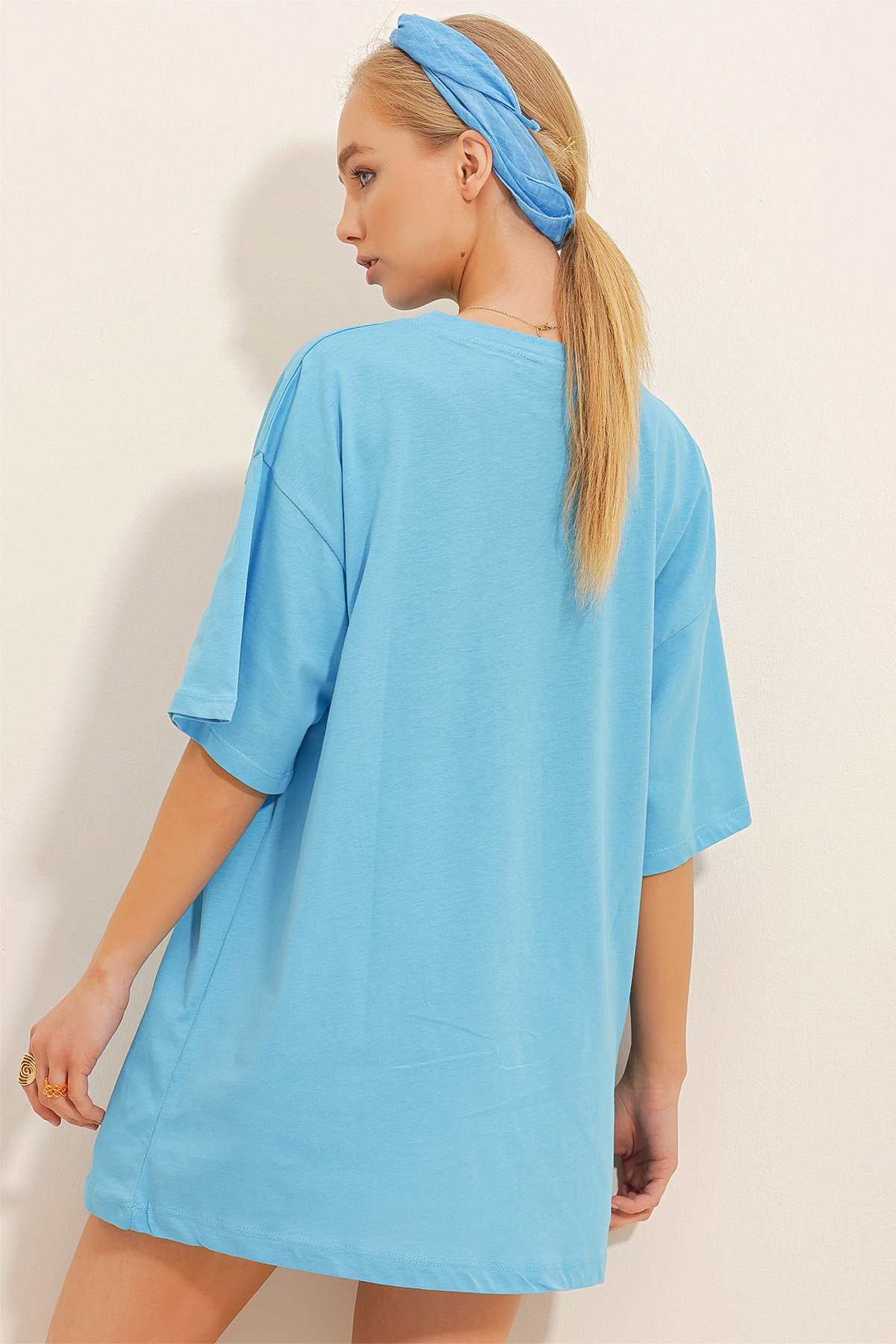 Bisiklet Yaka Baskılı Oversize T-Shirt - Mavi