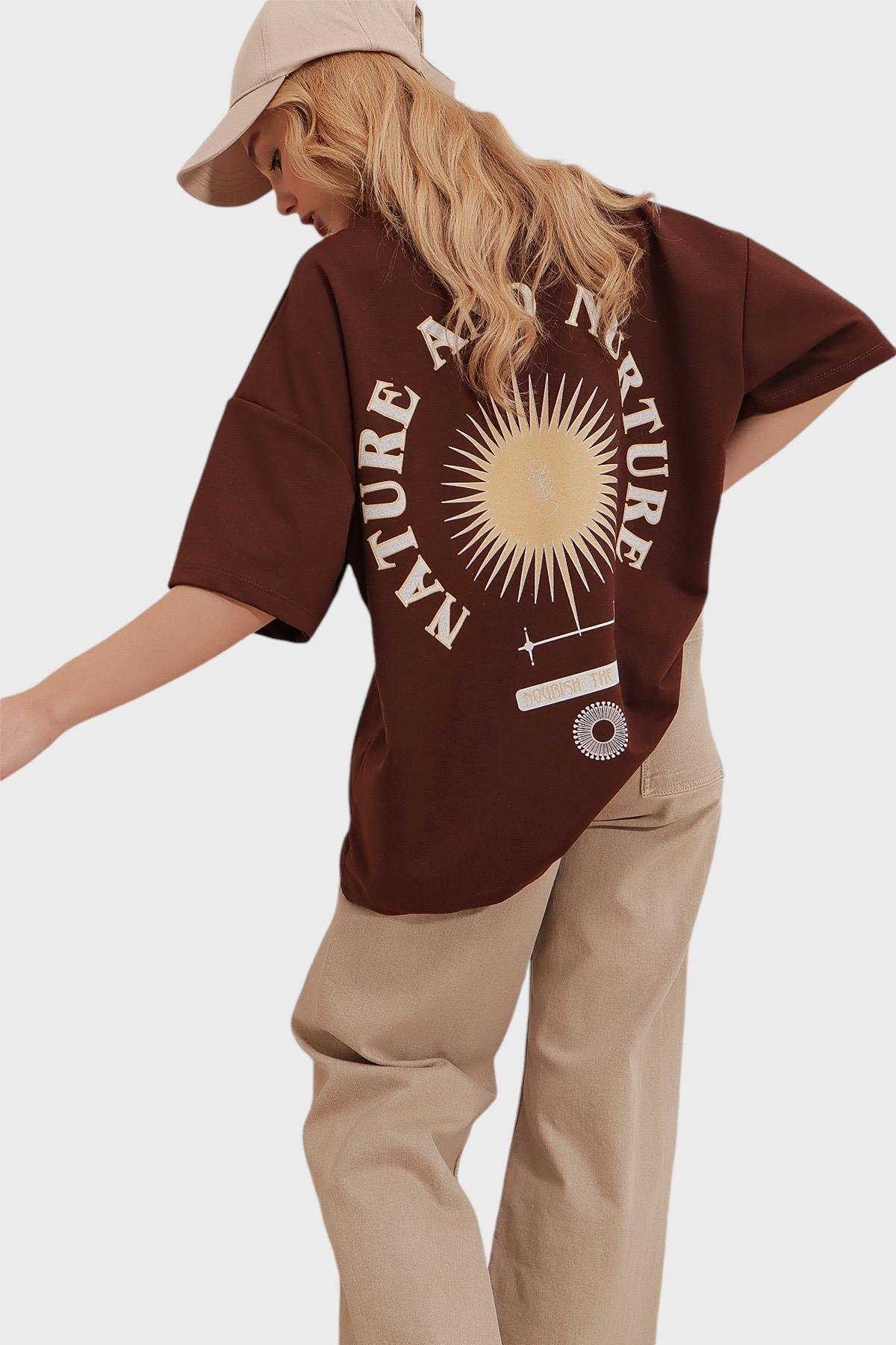 Bisiklet Yaka Baskılı Oversize Unisex T-Shirt - Kahverengi