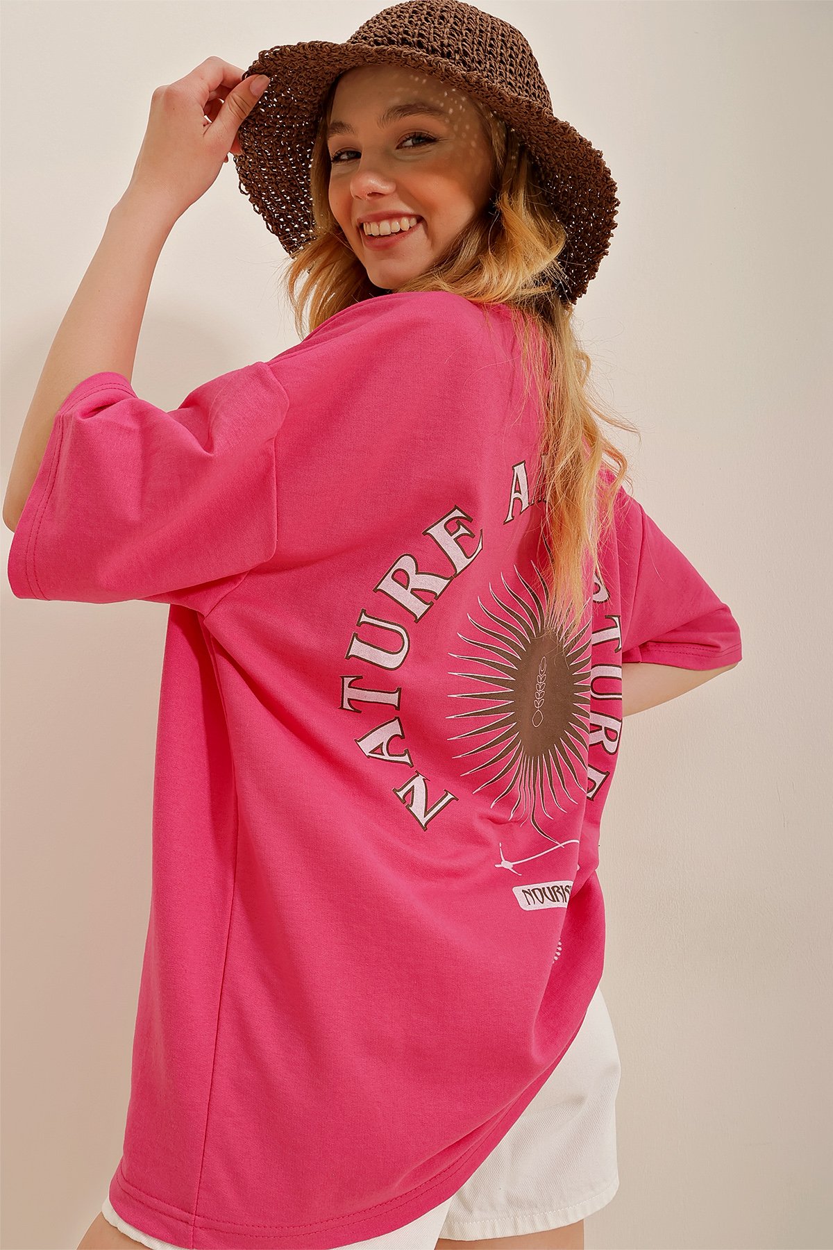 Bisiklet Yaka Baskılı Oversize Unisex T-Shirt - Fuşya