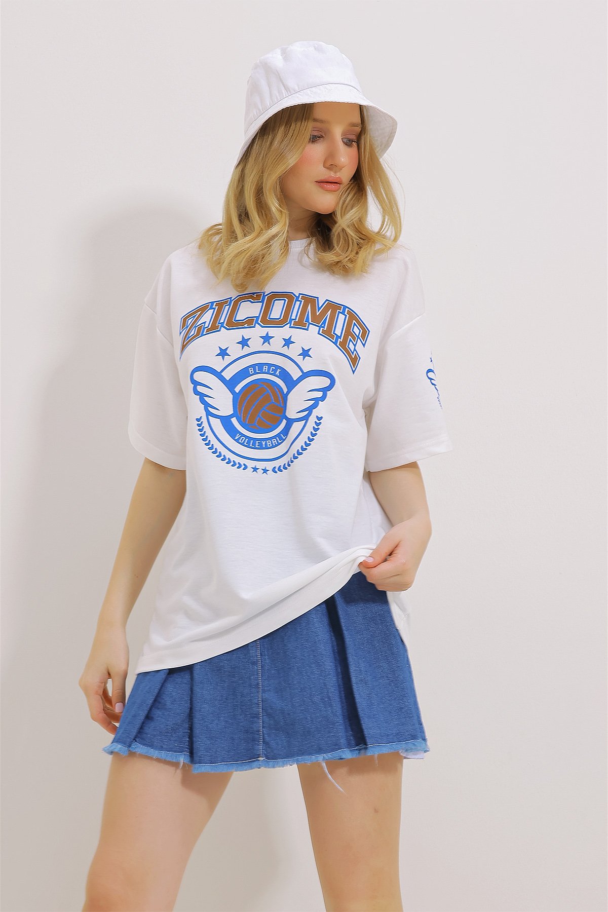 Bisiklet Yaka Baskılı Oversize Unisex T-Shirt - Beyaz