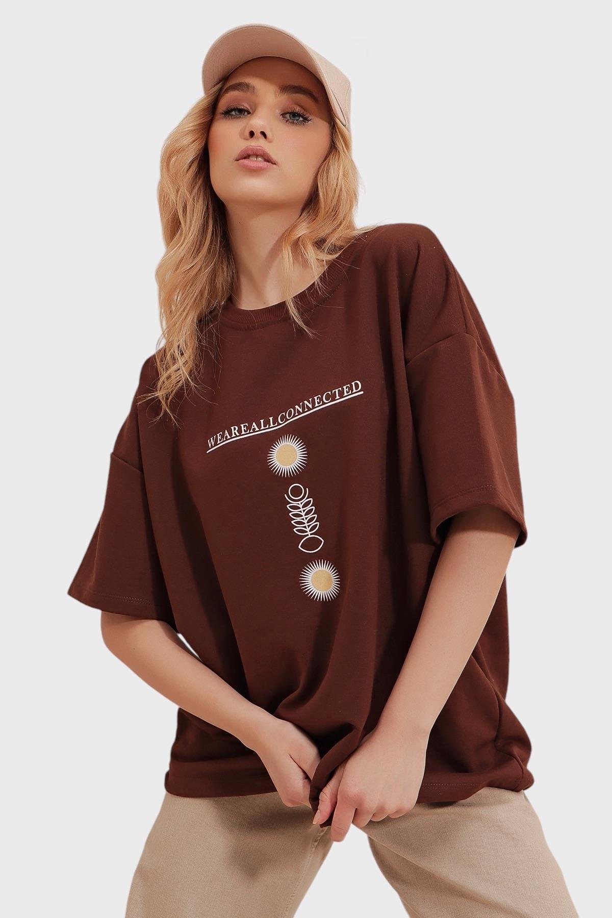Bisiklet Yaka Baskılı Oversize Unisex T-Shirt - Kahverengi