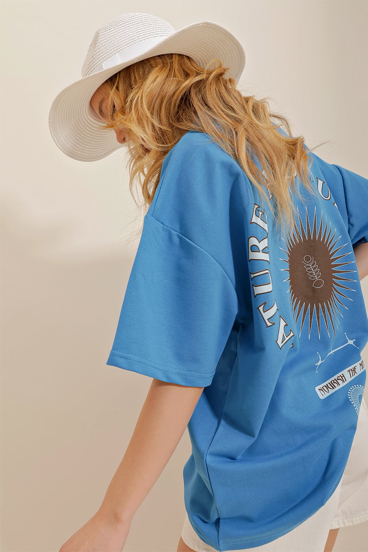 Bisiklet Yaka Baskılı Oversize Unisex T-Shirt - Havacı Mavi