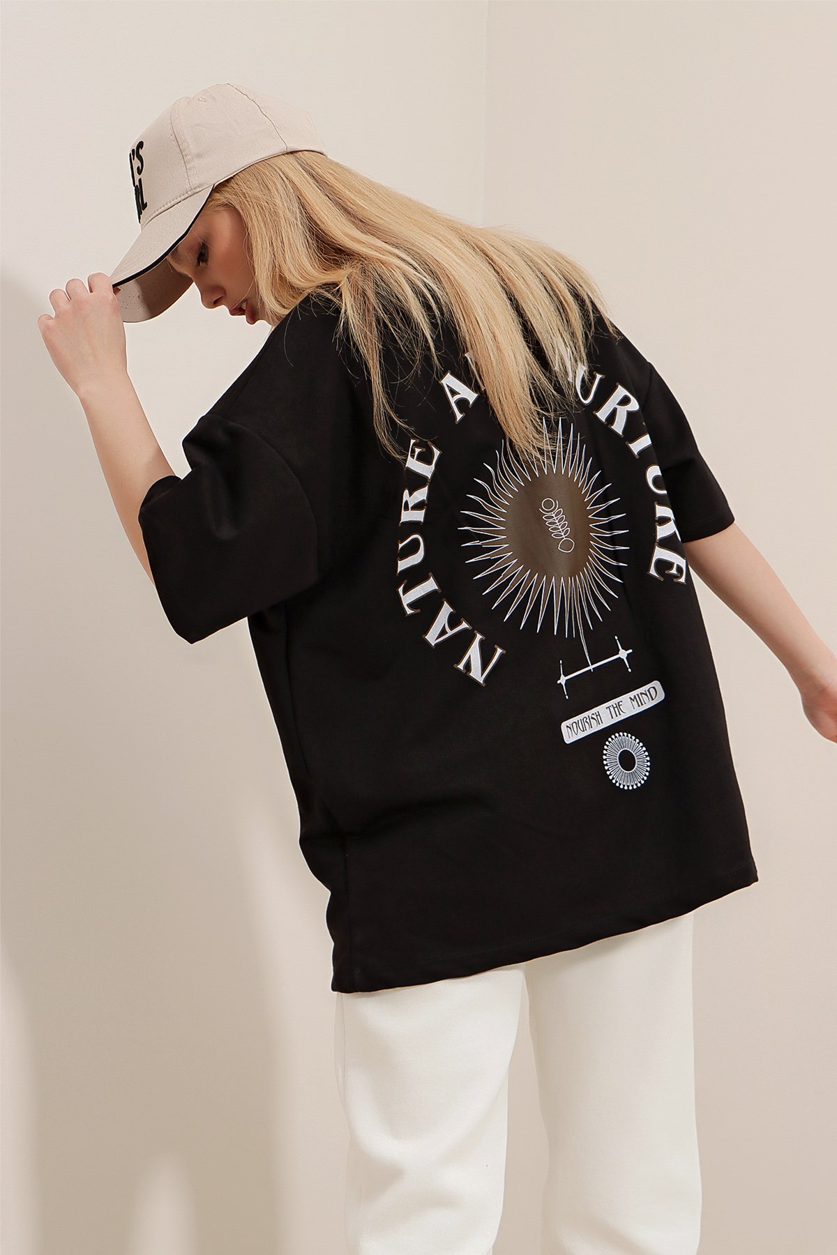 Bisiklet Yaka Baskılı Oversize Unisex T-Shirt - Siyah