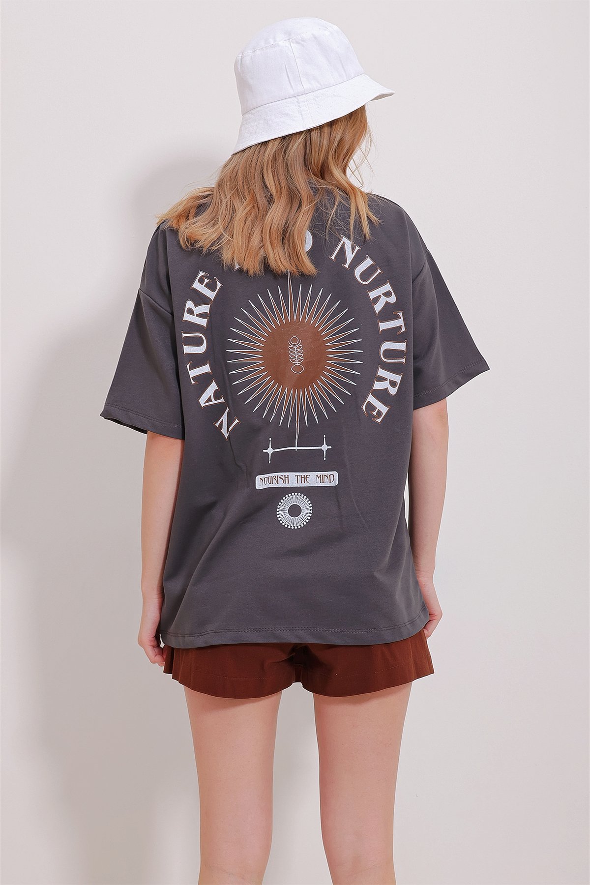 Bisiklet Yaka Baskılı Oversize Unisex T-Shirt - Antrasit