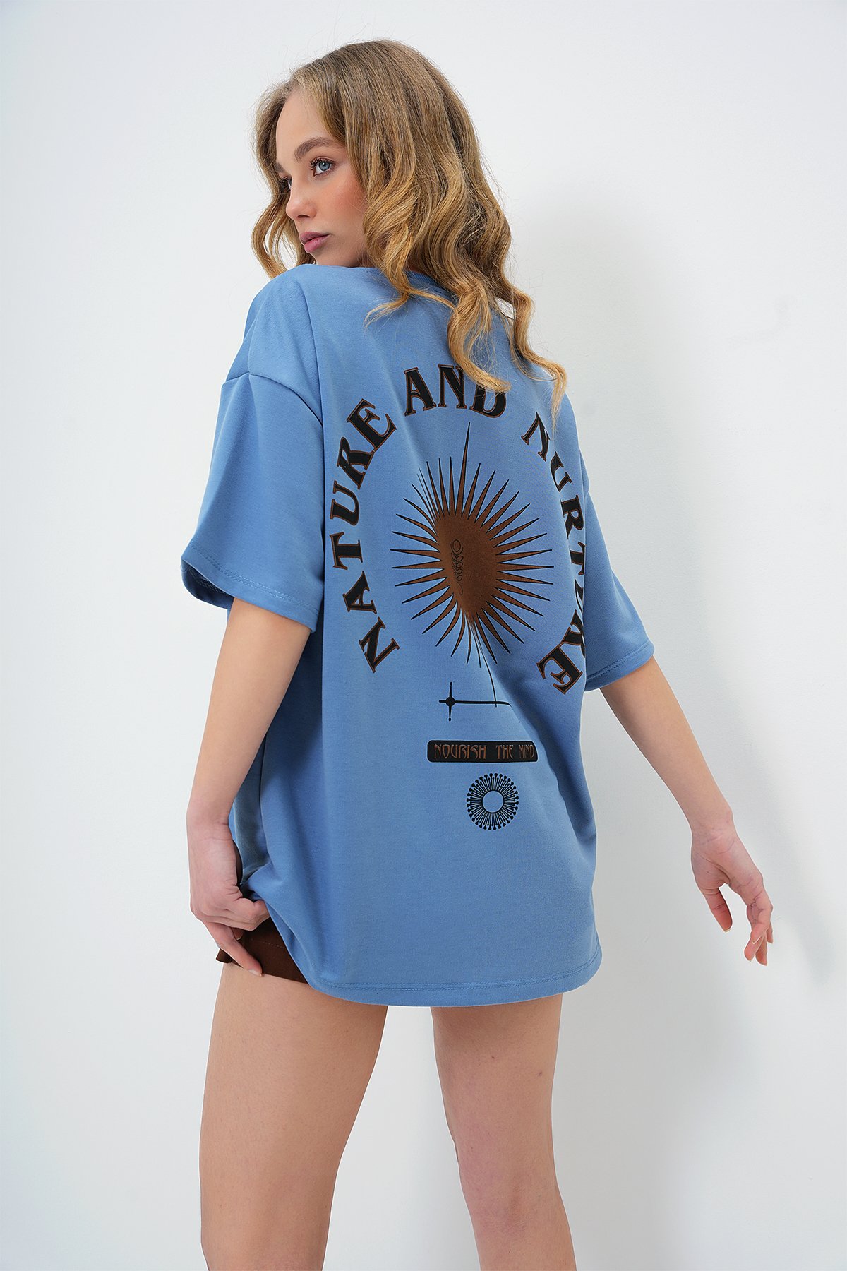 Bisiklet Yaka Baskılı Oversize Unisex T-Shirt - Mavi