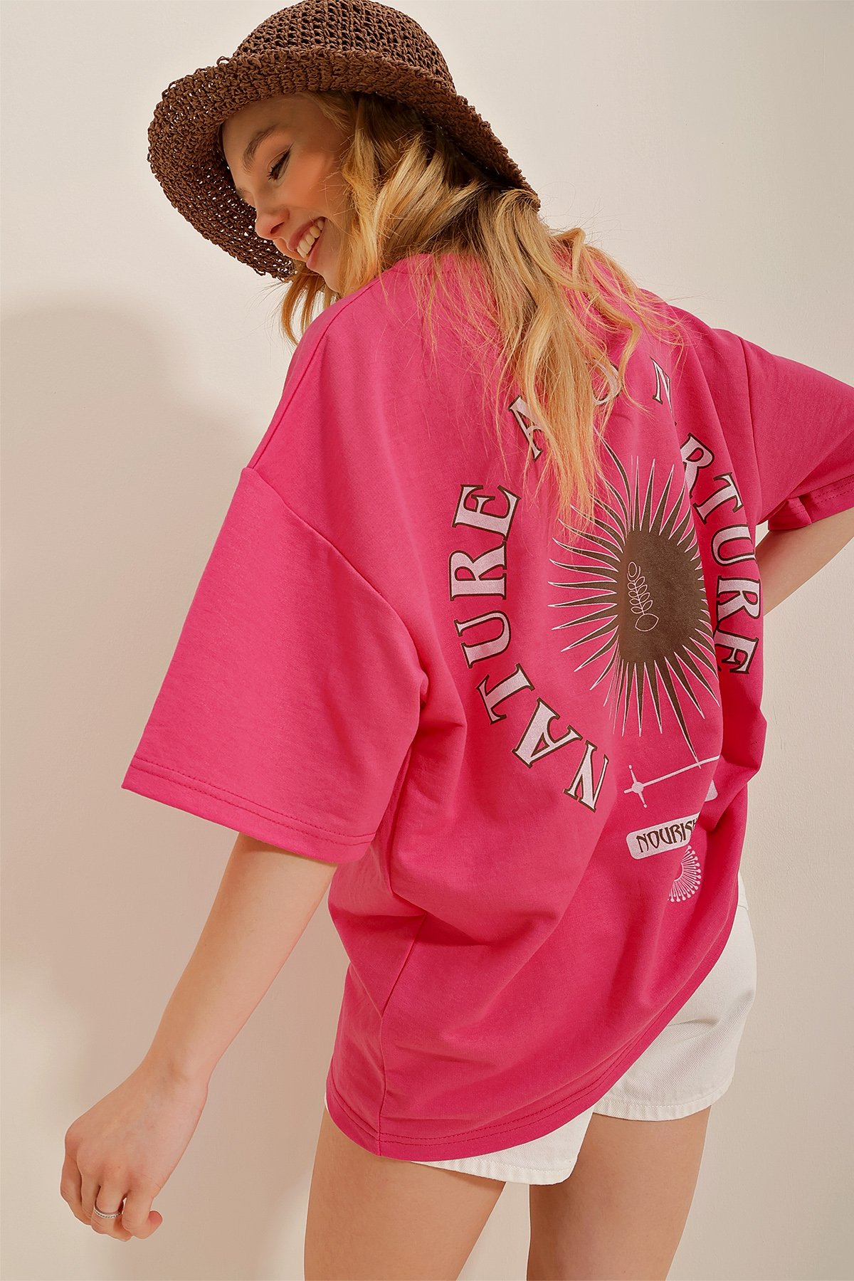 Bisiklet Yaka Baskılı Oversize Unisex T-Shirt - Fuşya