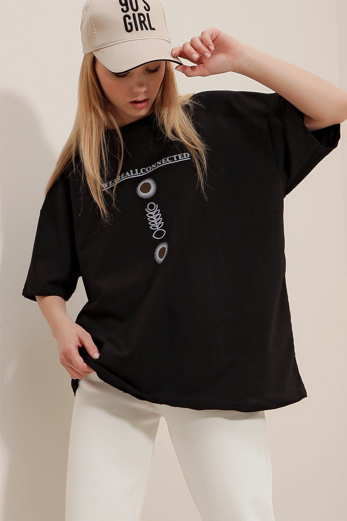 Bisiklet Yaka Baskılı Oversize Unisex T-Shirt - Siyah