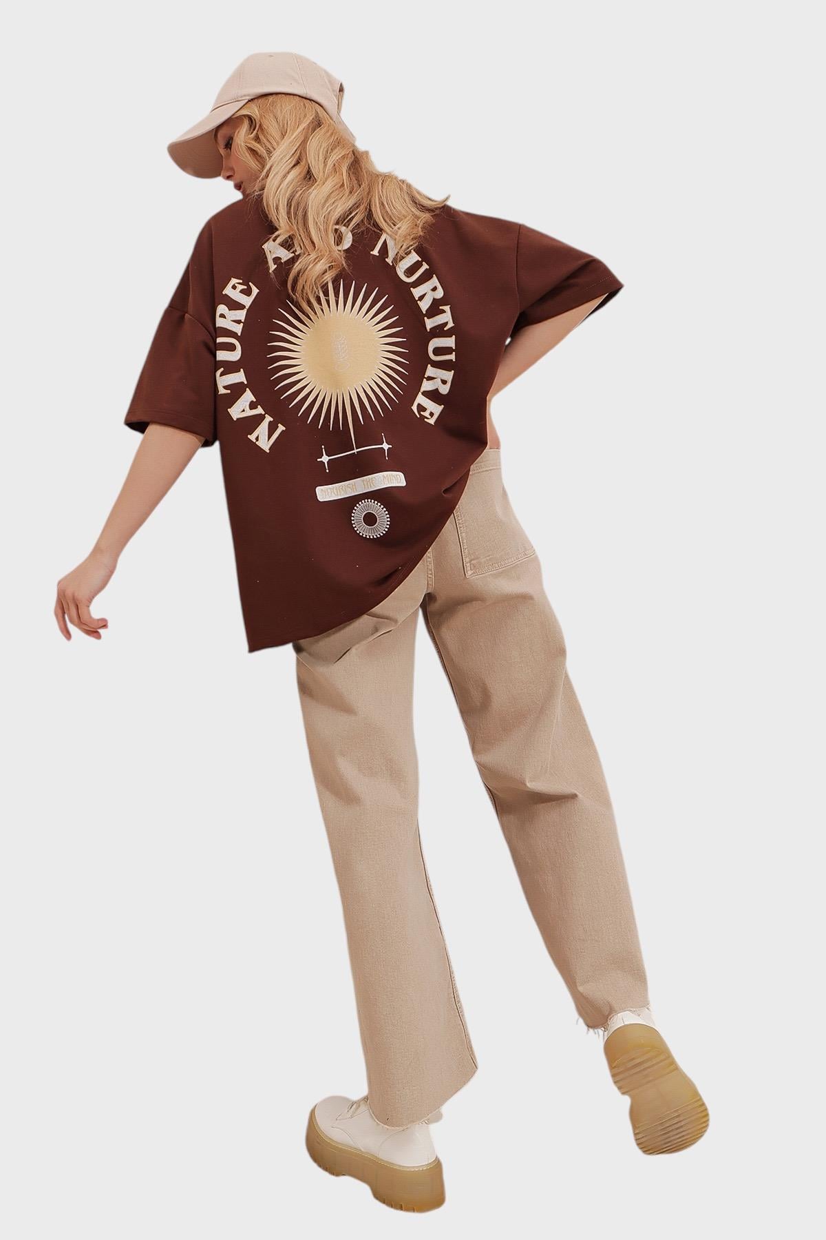Bisiklet Yaka Baskılı Oversize Unisex T-Shirt - Kahverengi
