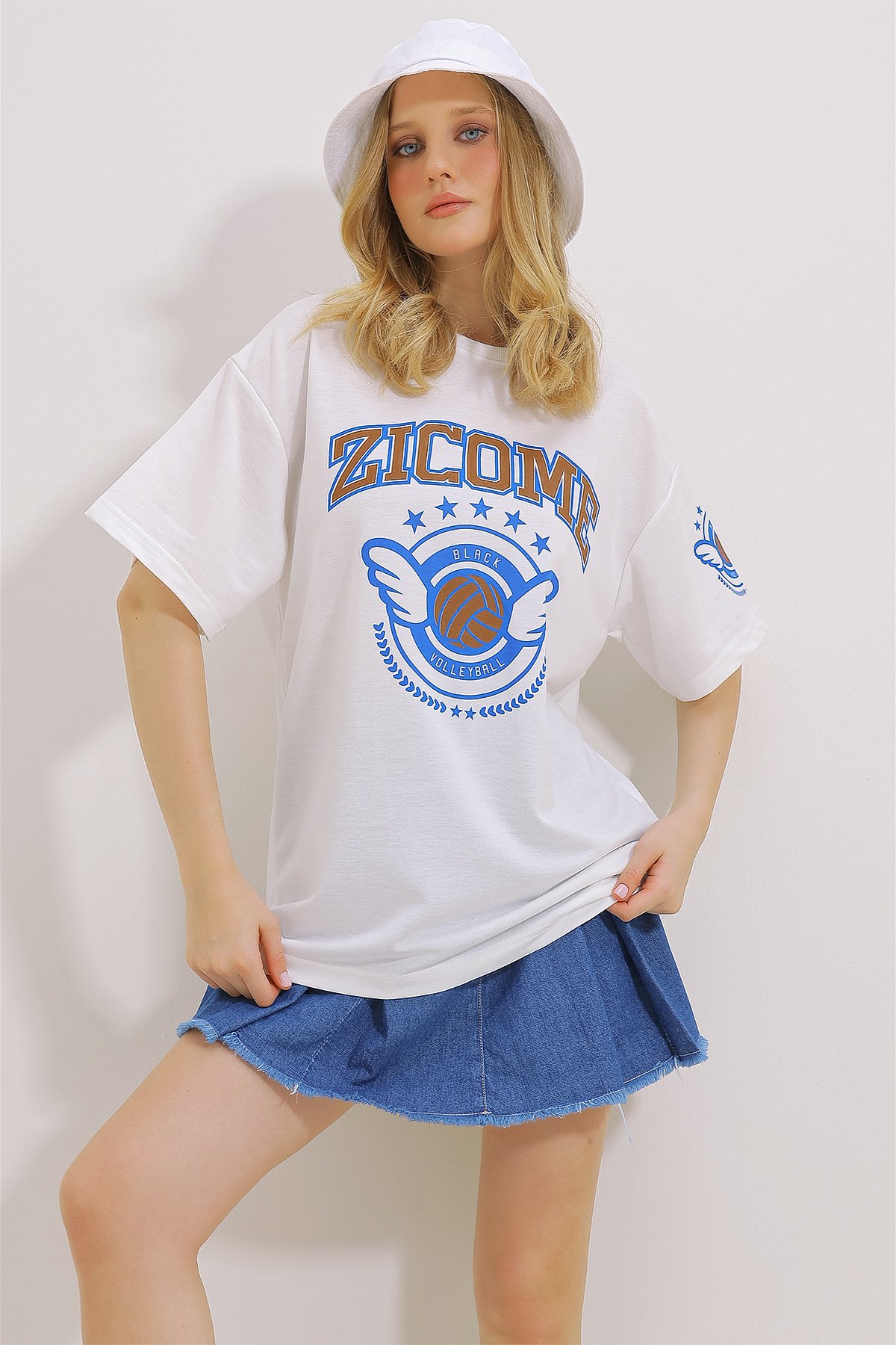 Bisiklet Yaka Baskılı Oversize Unisex T-Shirt - Beyaz