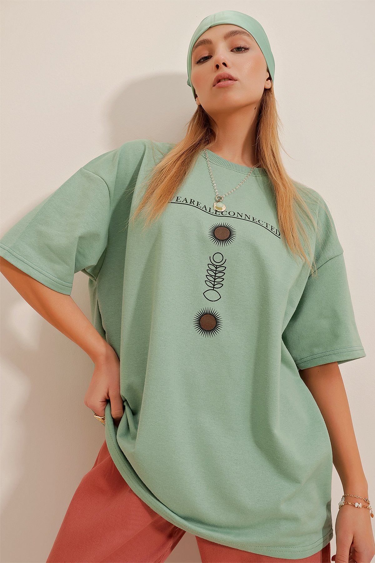 Bisiklet Yaka Baskılı Oversize Unisex T-Shirt - Çağla Yeşili