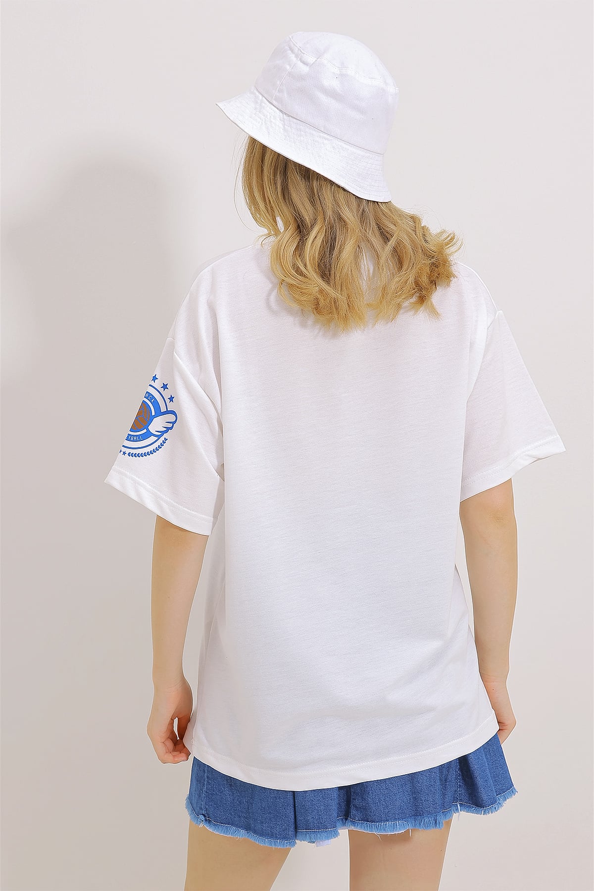 Bisiklet Yaka Baskılı Oversize Unisex T-Shirt - Beyaz