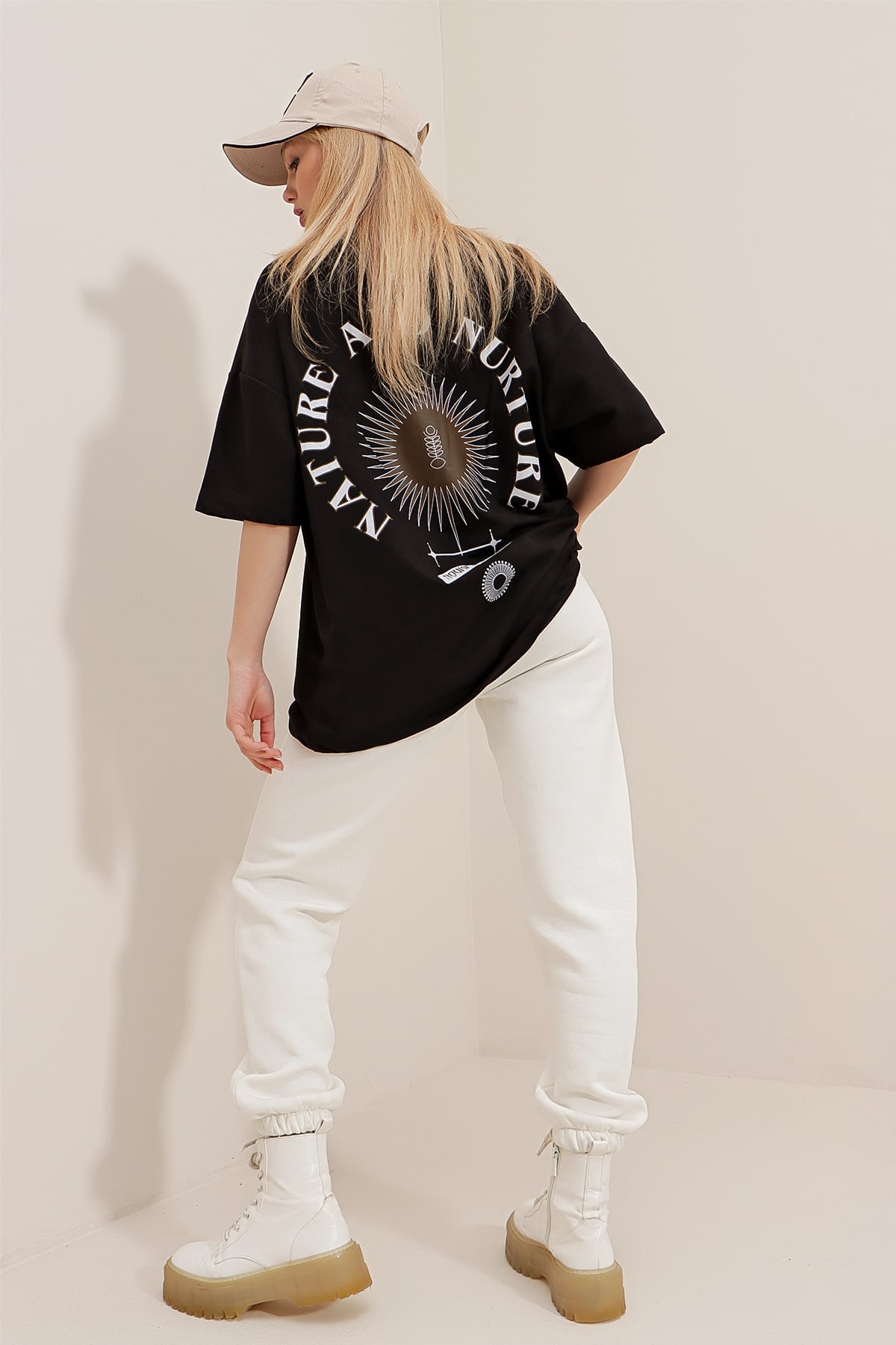 Bisiklet Yaka Baskılı Oversize Unisex T-Shirt - Siyah