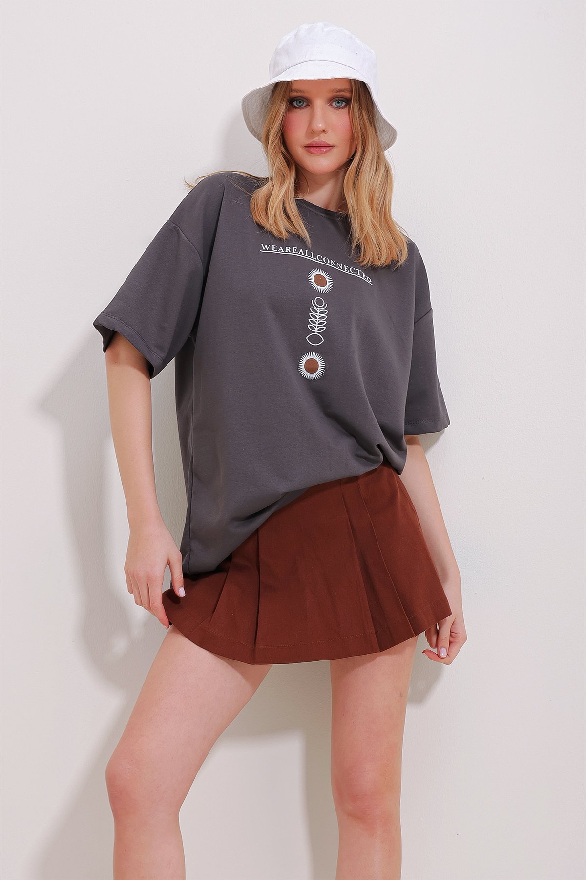 Bisiklet Yaka Baskılı Oversize Unisex T-Shirt - Antrasit
