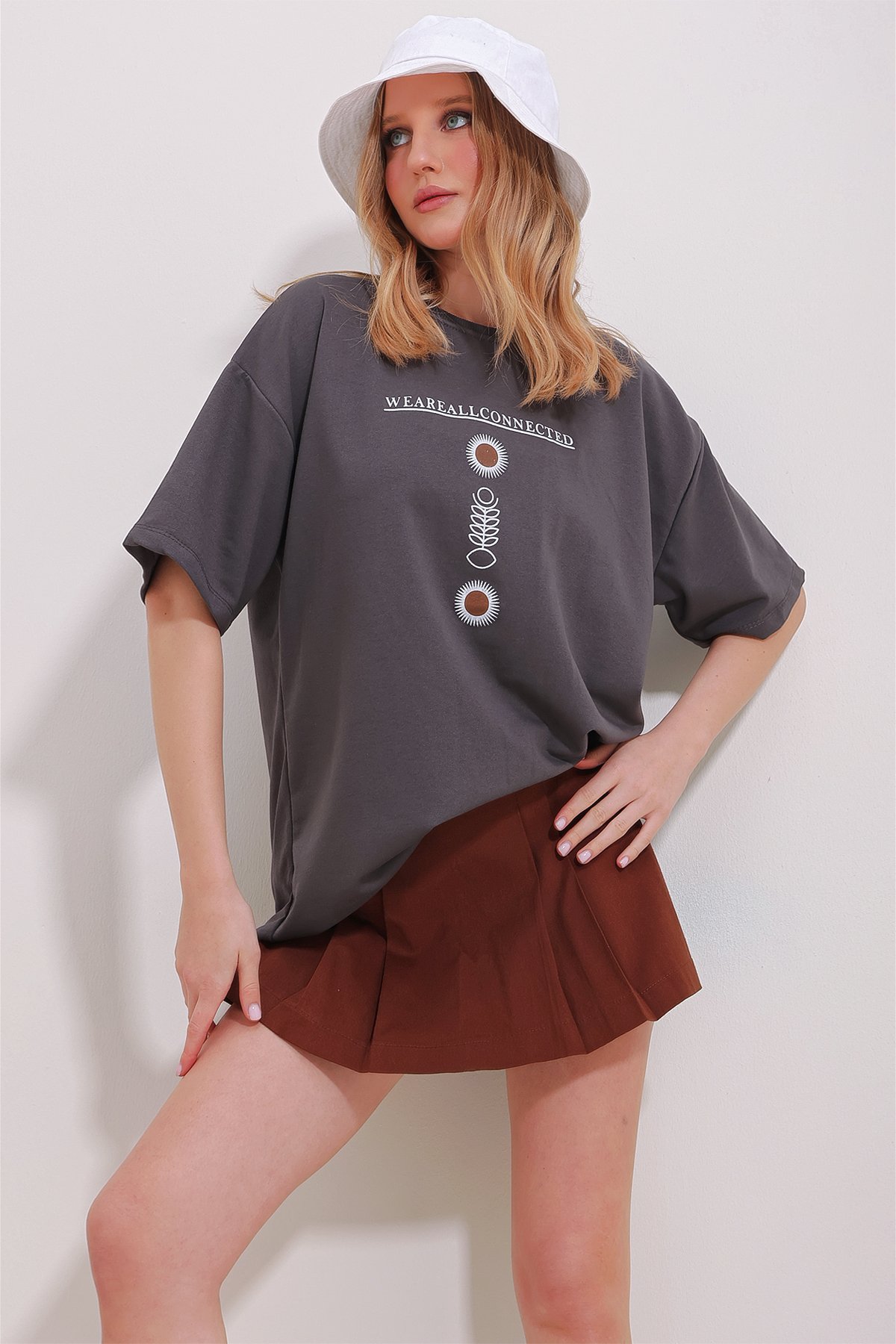 Bisiklet Yaka Baskılı Oversize Unisex T-Shirt - Antrasit