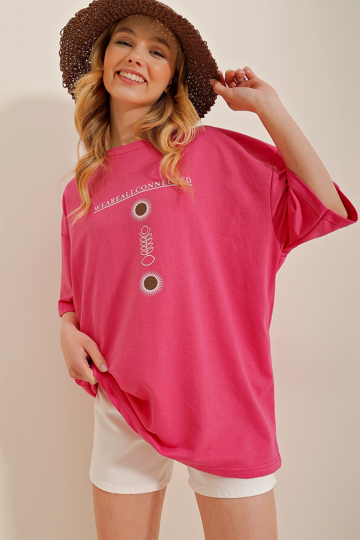Bisiklet Yaka Baskılı Oversize Unisex T-Shirt - Fuşya
