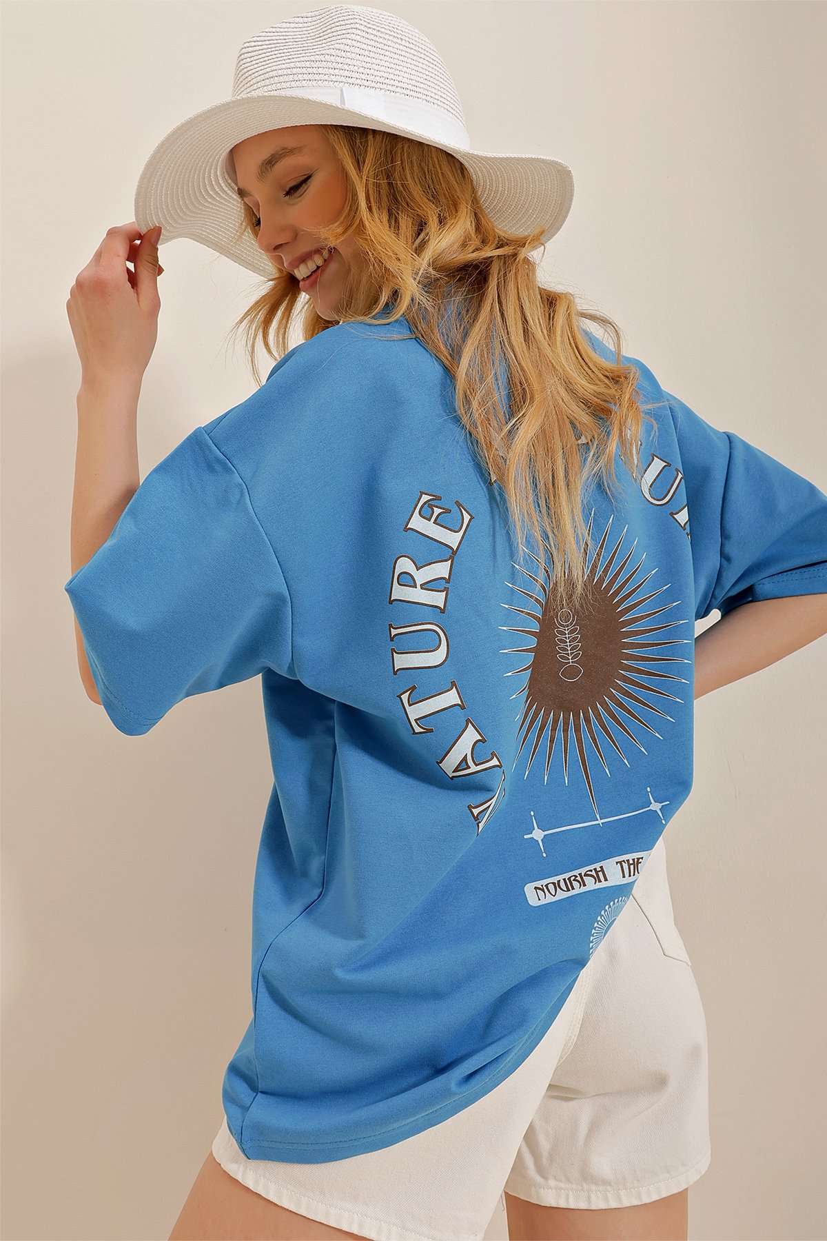 Bisiklet Yaka Baskılı Oversize Unisex T-Shirt - Havacı Mavi