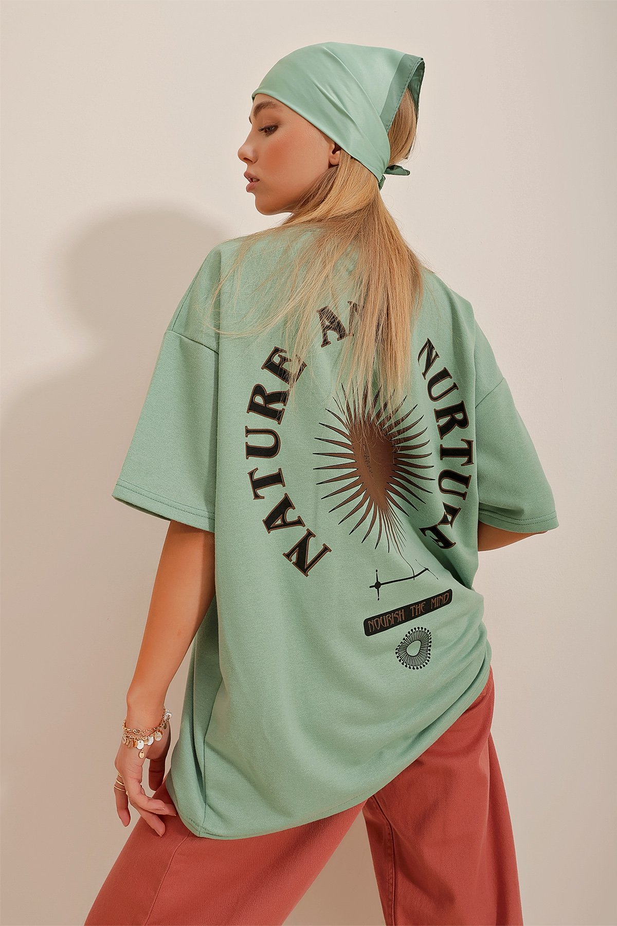 Bisiklet Yaka Baskılı Oversize Unisex T-Shirt - Çağla Yeşili