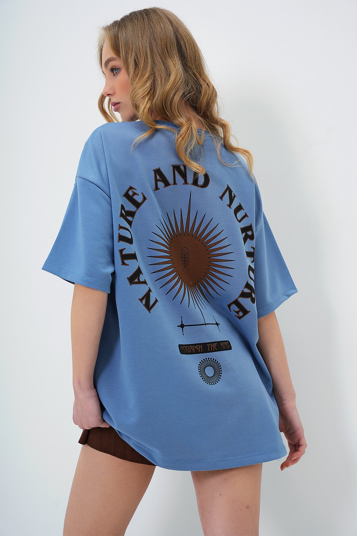 Bisiklet Yaka Baskılı Oversize Unisex T-Shirt - Mavi