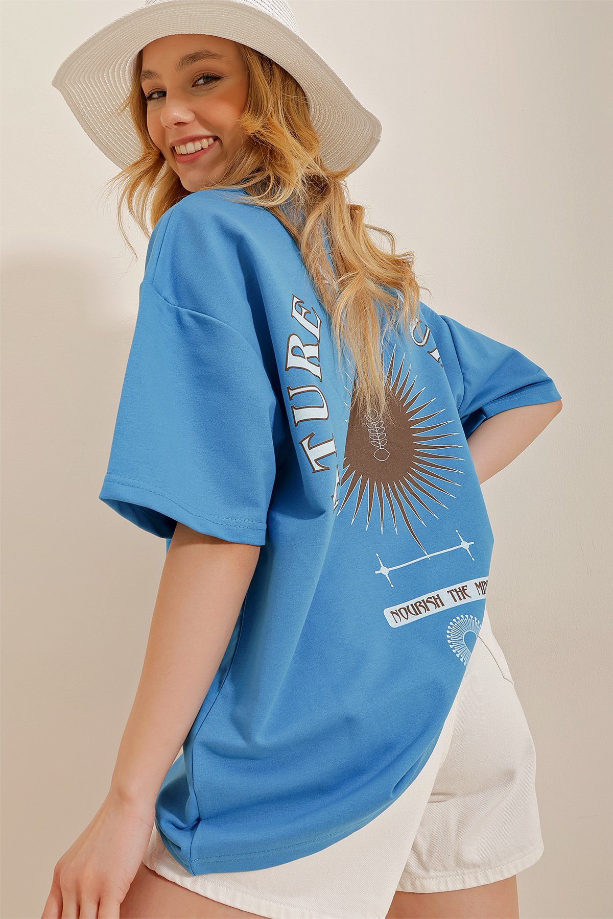 Bisiklet Yaka Baskılı Oversize Unisex T-Shirt - Havacı Mavi