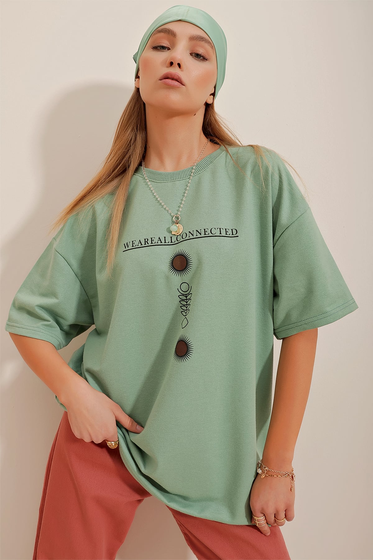 Bisiklet Yaka Baskılı Oversize Unisex T-Shirt - Çağla Yeşili