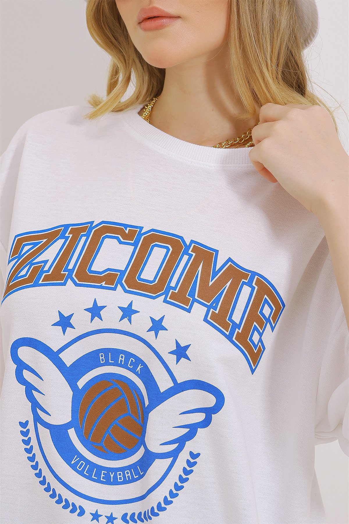 Bisiklet Yaka Baskılı Oversize Unisex T-Shirt - Beyaz
