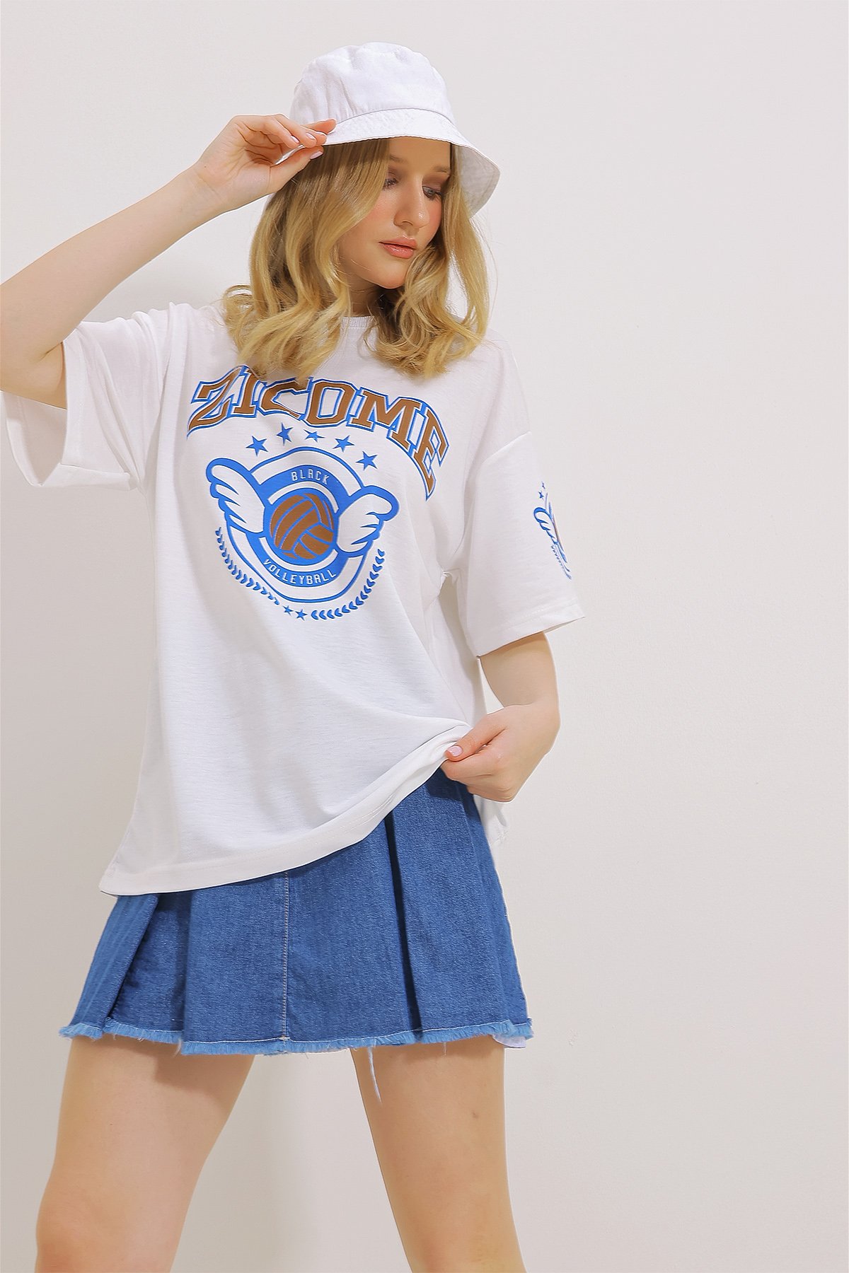 Bisiklet Yaka Baskılı Oversize Unisex T-Shirt - Beyaz