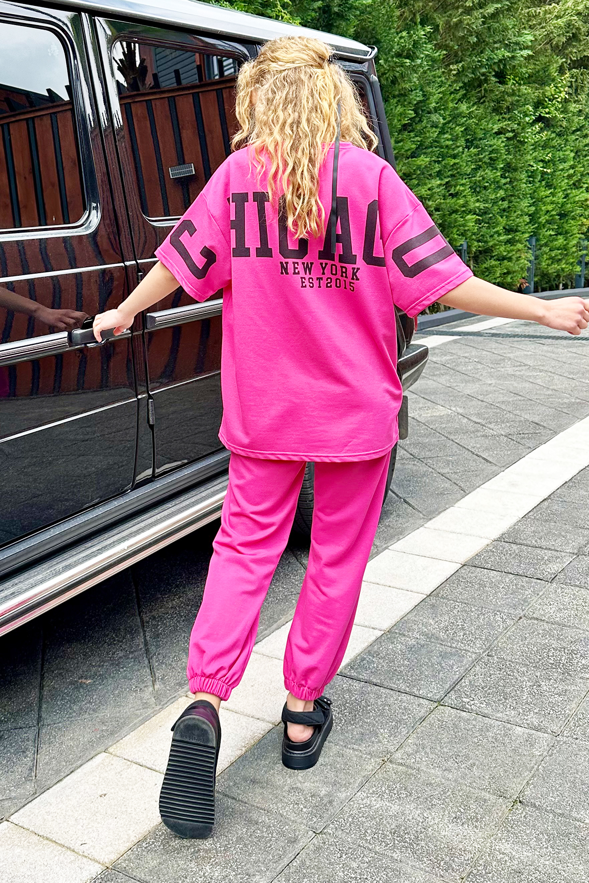 Bisiklet Yaka Baskılı T-Shirt Ve Jogging Eşofman Takım - Fuşya