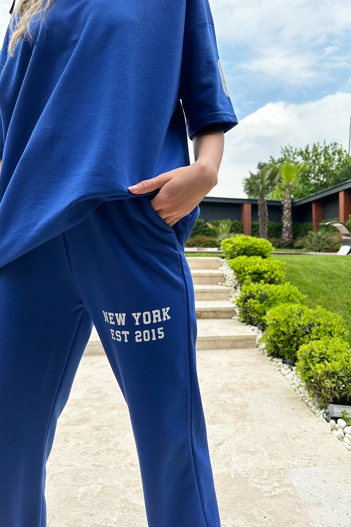 Bisiklet Yaka Baskılı T-Shirt Ve Jogging Eşofman Takım - Saks