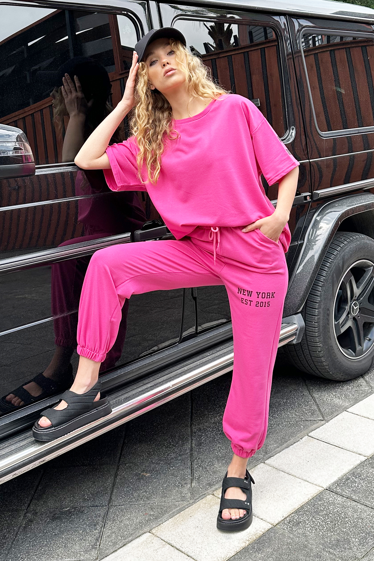 Bisiklet Yaka Baskılı T-Shirt Ve Jogging Eşofman Takım - Fuşya