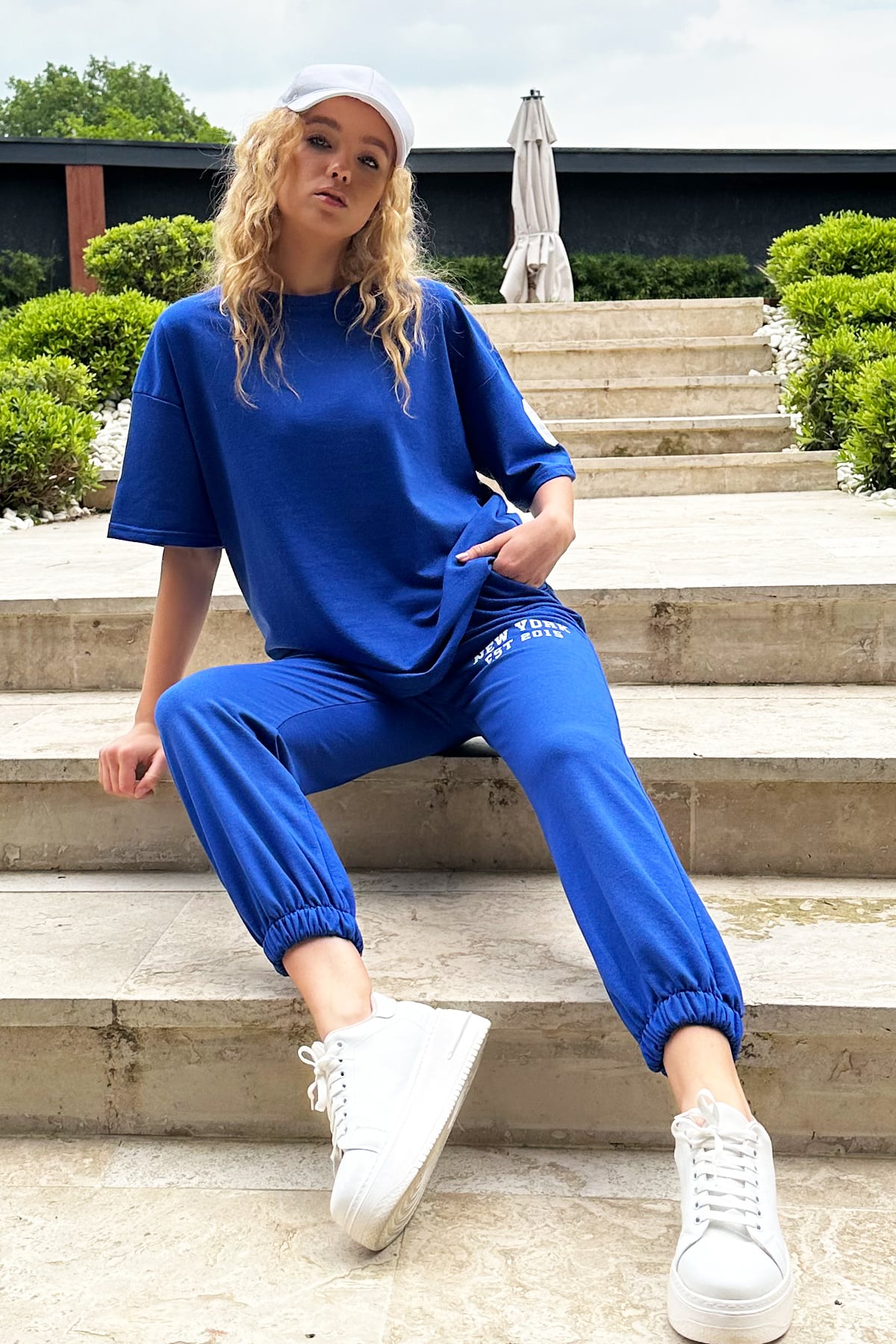 Bisiklet Yaka Baskılı T-Shirt Ve Jogging Eşofman Takım - Saks