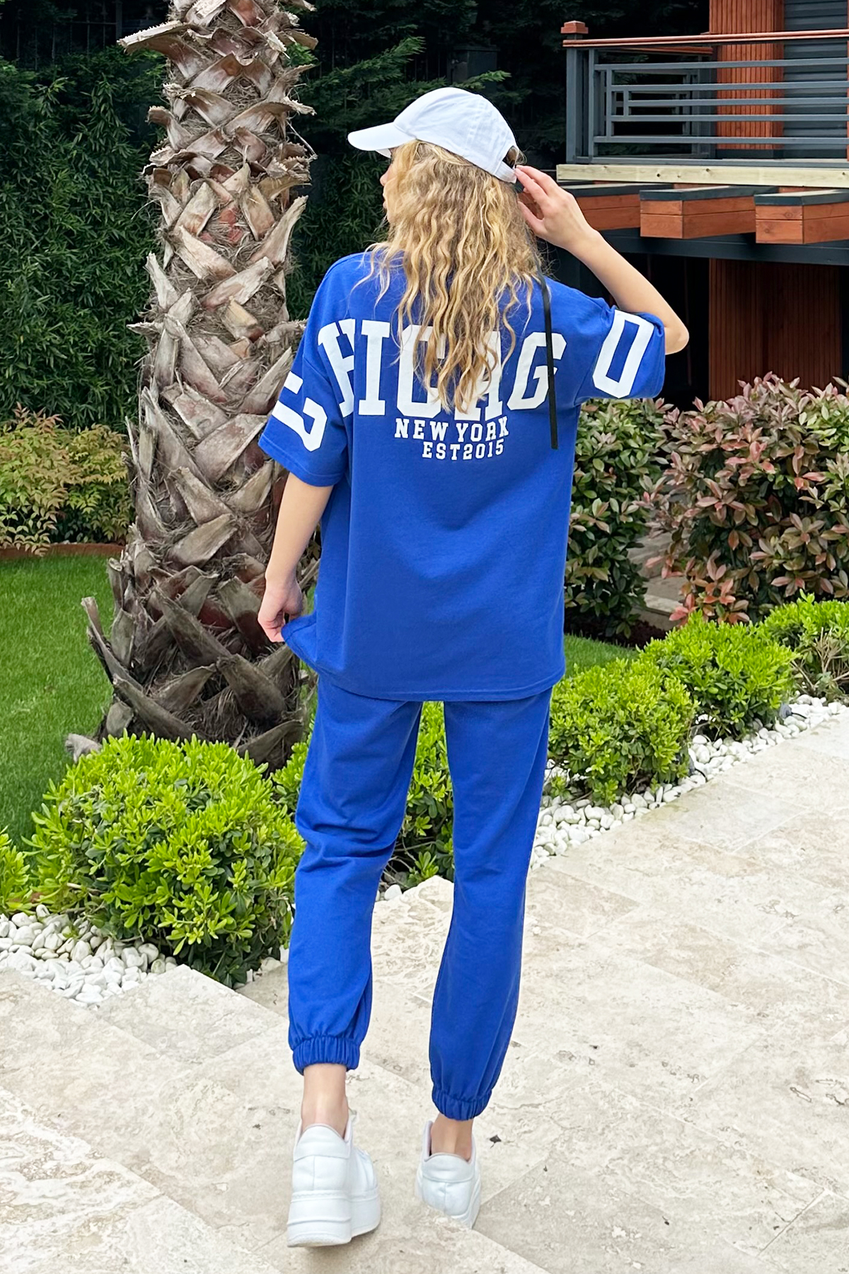 Bisiklet Yaka Baskılı T-Shirt Ve Jogging Eşofman Takım - Saks