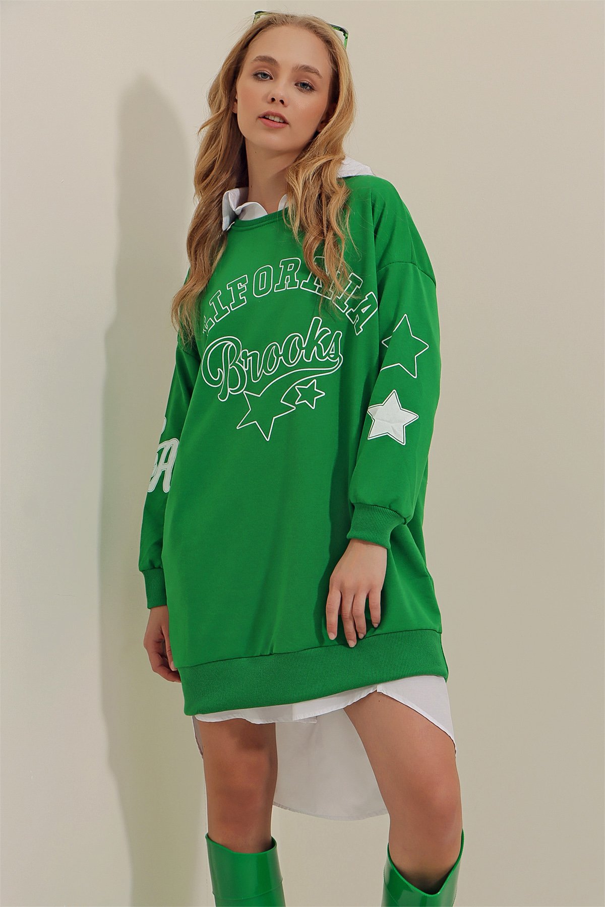 Bisiklet Yaka California Baskılı Oversize Sweatshirt - Yeşil