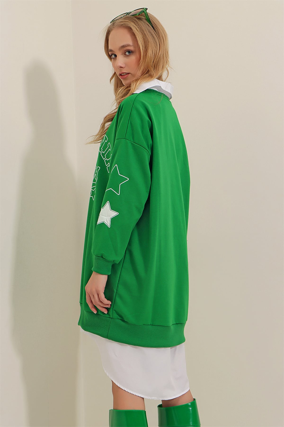 Bisiklet Yaka California Baskılı Oversize Sweatshirt - Yeşil